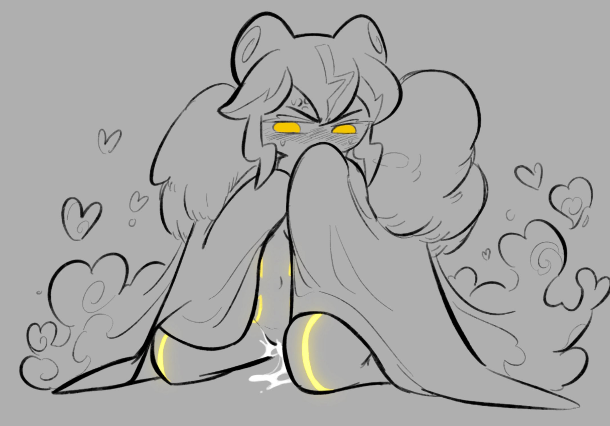 1girl, angry, black and white, blushing profusely, cloak, cookie run, cookie run kingdom, cum, cum in pussy, dark cacao cookie, embarrassed nude female, female, glowing tattoo, hearts around body, heterosexual, off screen male character, stormbringer cookie, sweat, yellow eyes