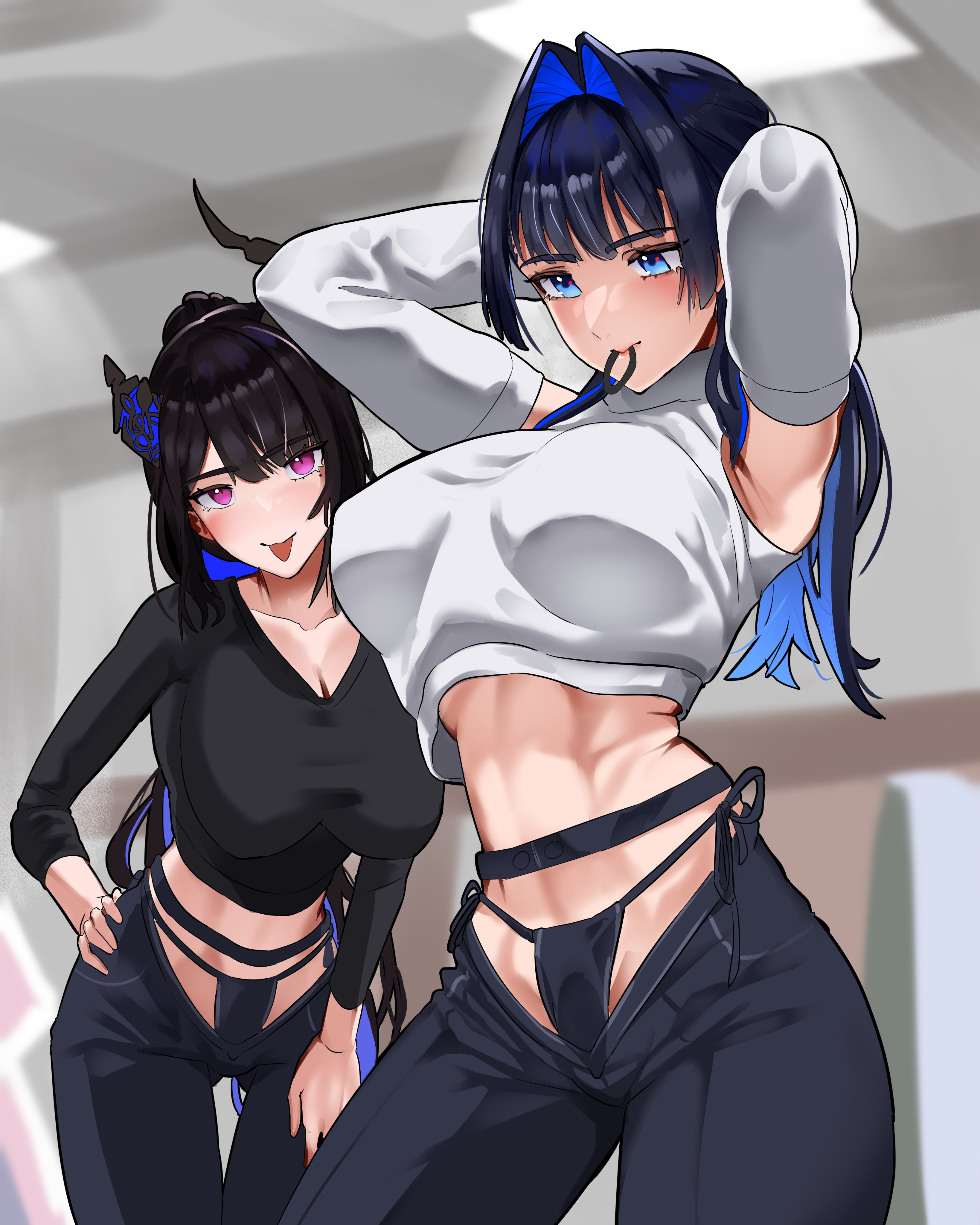 2girls, absurdres, alternate costume, arms up, asymmetrical horns, bikini jeans, black hair, black panties, blue eyes, blue hair, breasts, colored inner hair, commentary, daaku (koizumi arata), demon horns, denim, detached sleeves, english commentary, hair intakes, highres, hololive, hololive english, horns, jeans, koizumi arata, large breasts, long hair, looking at viewer, lowleg, lowleg pants, midriff, mole, mole under eye, mouth hold, multicolored hair, multiple girls, nerissa ravencroft, ouro kronii, ouro kronii (casual), panties, pants, purple eyes, side-tie panties, tongue, tongue out, two-tone hair, underwear, virtual youtuber