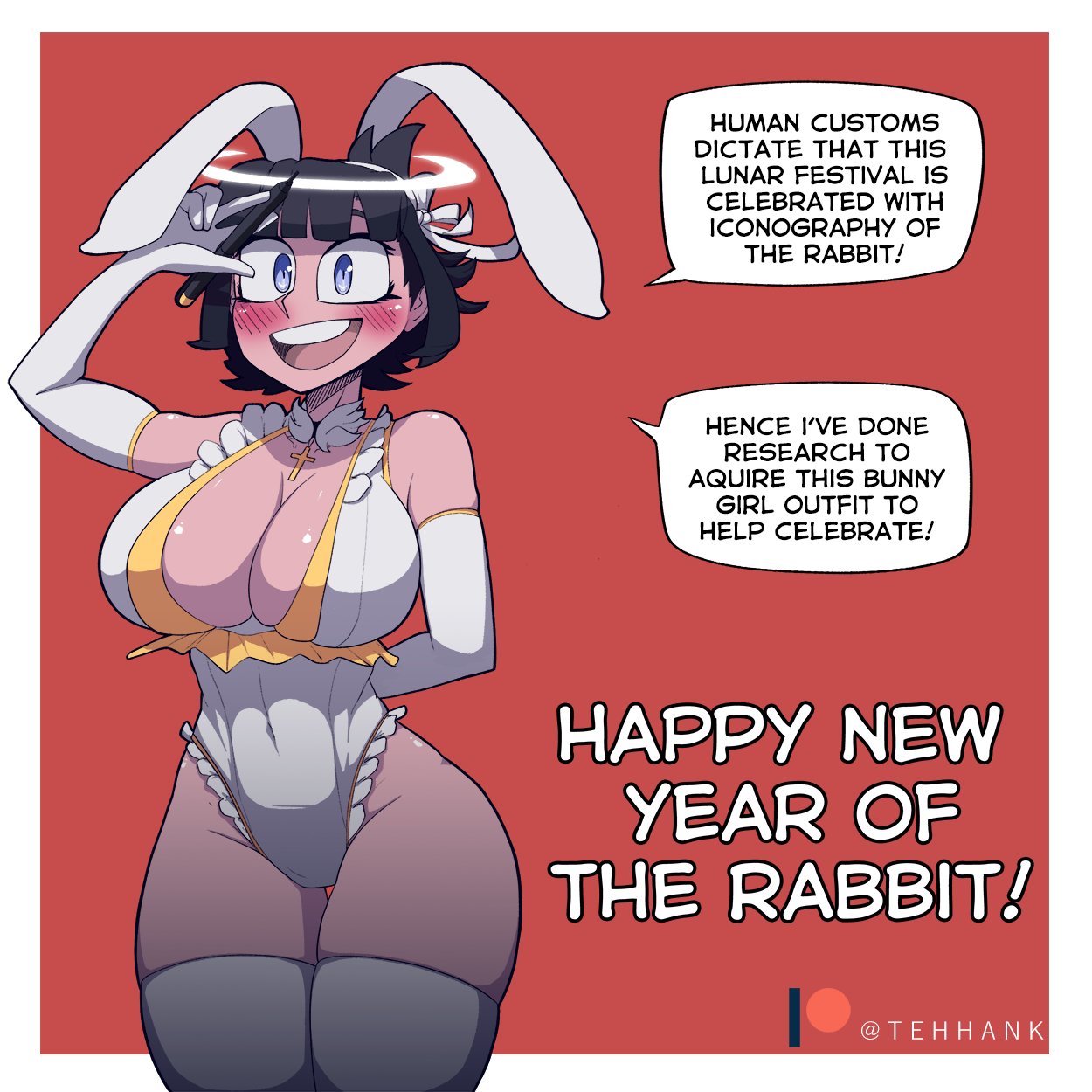2023, angel, azazel (helltaker), big breasts, black hair, blue eyes, bunny ears, bunnysuit, halo, helltaker, tehhank, thighhighs, year of the rabbit