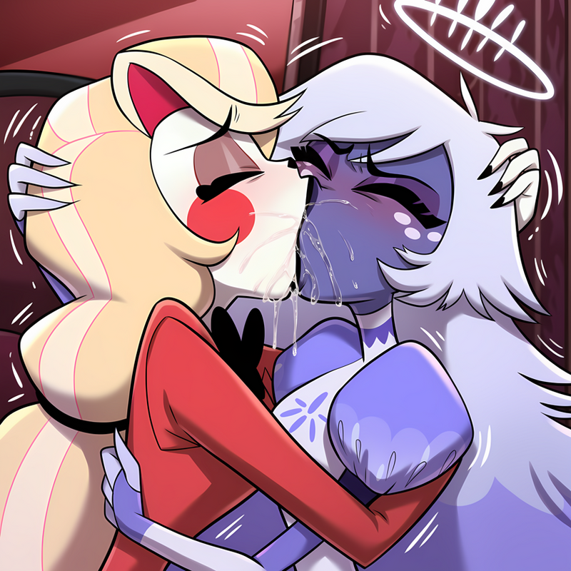 2girls, ai generated, charlie morningstar (hazbin hotel), cheating girlfriend, deep tongue, emily (hazbin hotel), extreme french kiss, french kiss, french kissing, hazbin hotel, kissing, passionate, passionate kiss, powerhouserift, saliva, saliva drip, saliva string, saliva trail, tongue, yuri