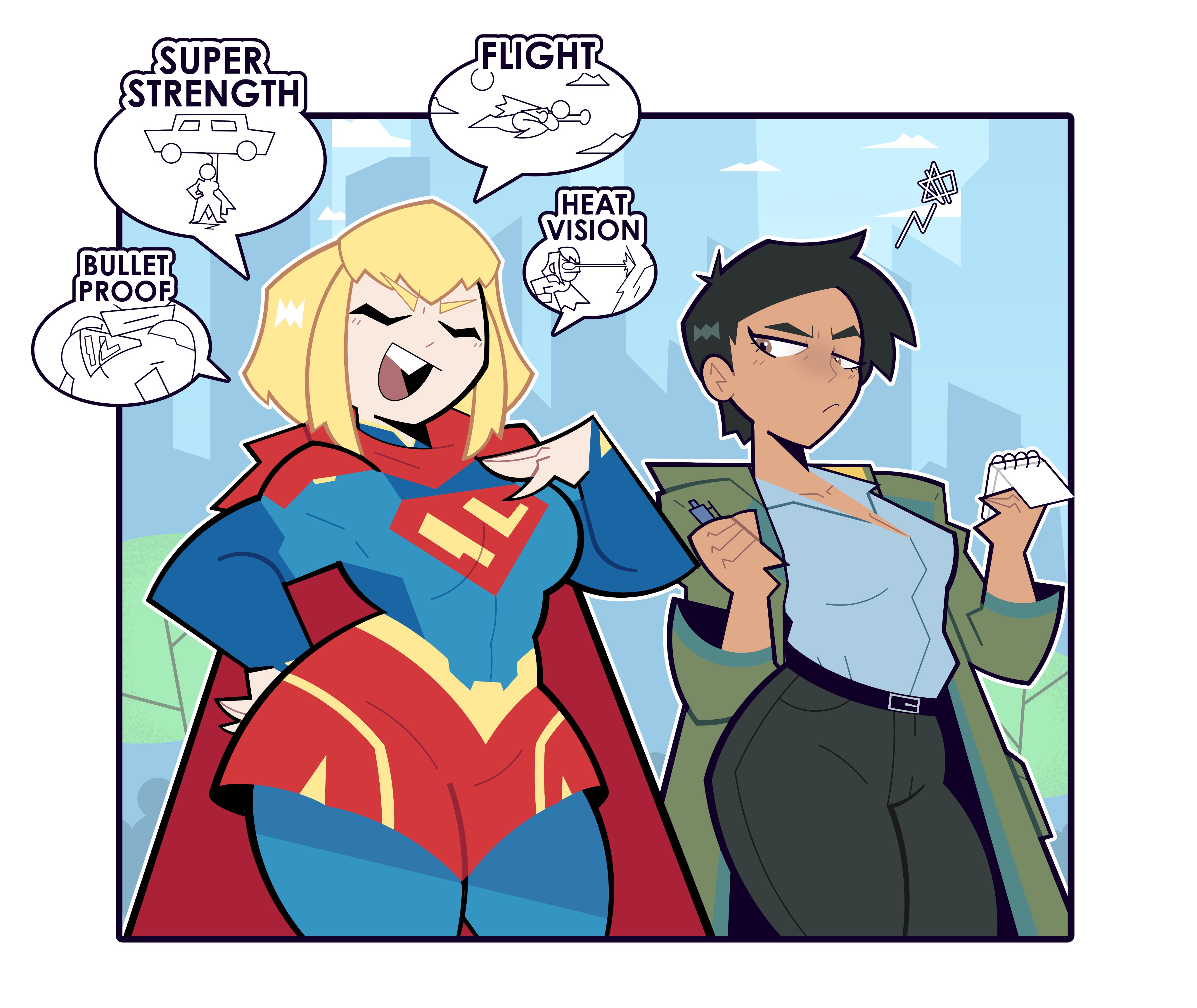 blonde female, blonde hair, blonde haired female, blonde haired woman, blonde-haired, blonde-haired female, bragging, cartoon, cartoony, cocky, dark hair, dark hair female, dark-haired female, dark-skinned female, dc, dc comics, fully clothed, goodbyellow, kara zor-el, kara zor-l, light skin, light skin female, light skinned, light skinned female, light-skinned female, lois lane, lois lane (my adventures with superman), long coat, medium breasts, medium hair, medium hair female, my adventures with superman, notepad, pointy breasts, short hair, short hair female, super hero, supergirl, supergirl (my adventures with superman), superman (series), tanned, tanned female, tanned skin, thick thighs