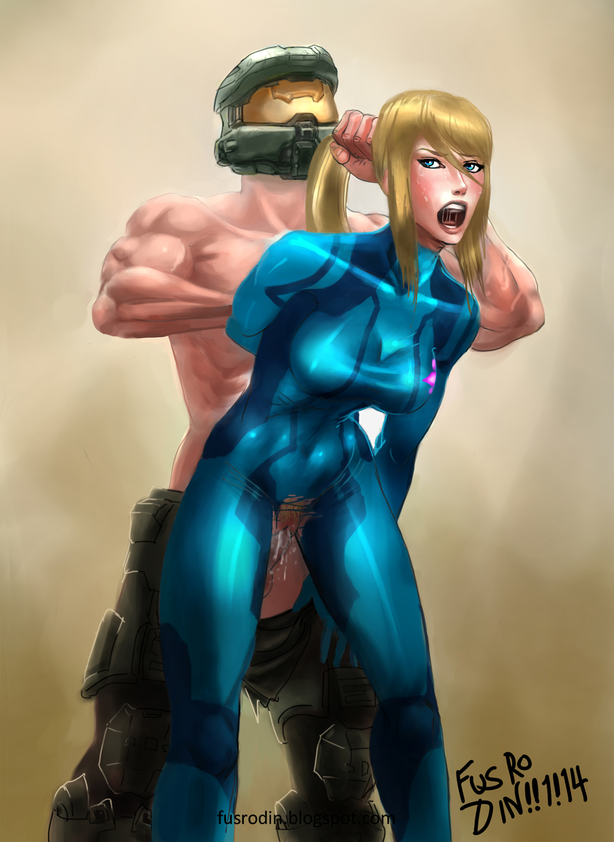 1boy, 1girls, 2014, blonde hair, blue eyes, bodysuit, crossover, crossover pairing, cum, cum in pussy, eastern and western character, female, from behind, fusrodin, hair pull, halo (series), human, male, master chief, metroid, nintendo, open mouth, penis, ponytail, ponytail hold, pubic hair, pussy, pussy juice, restrained, samus aran, sex, spartan (halo), straight, straight sex, tied hair, vaginal penetration, vaginal sex, zero suit, zero suit samus