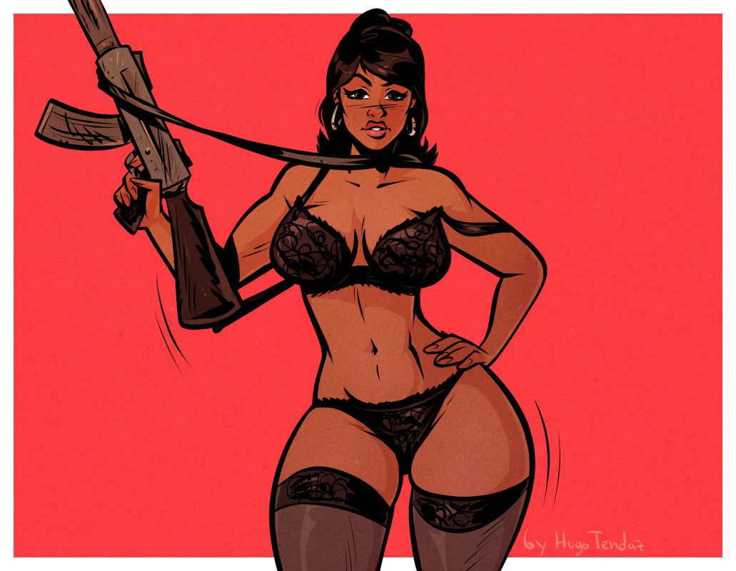 1girls, archer (series), artist name, big breasts, bra, breasts, brown eyes, brown hair, cleavage, earrings, female, female only, gun, hand on hip, holding, holding object, holding weapon, hourglass figure, hugotendaz, lana kane, large breasts, lingerie, lingerie only, lipstick, makeup, motion lines, navel, panties, pinup, red lipstick, solo, solo female, stockings, thick, thick thighs, thighs, toned, toned body, toned female, toned stomach, weapon, wide hips