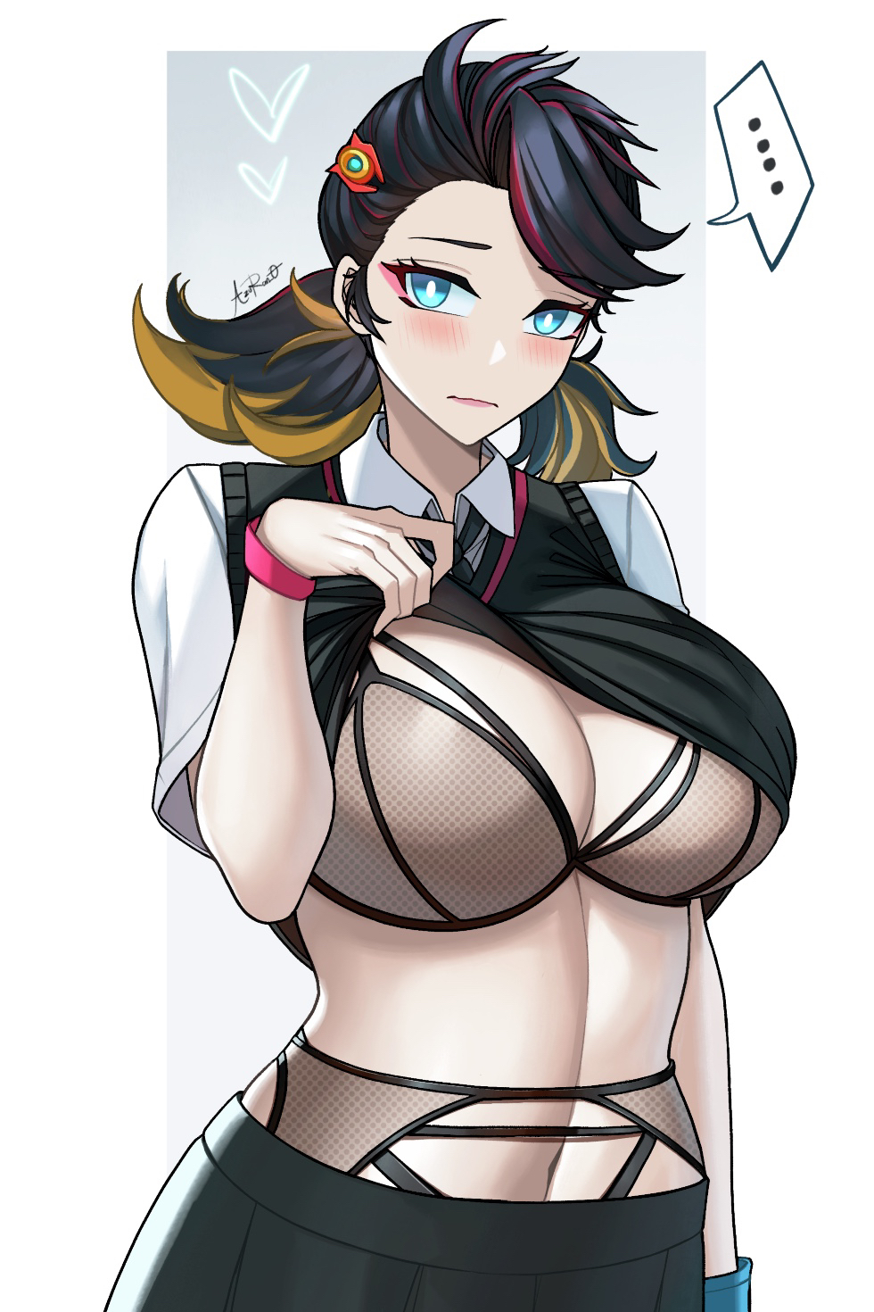 azuran0, black hair, blue eyes, cute, hairclip, lace, lifting shirt, looking at viewer, marvel, marvel rivals, mostly clothed, peni parker, peni parker (marvel rivals), red highlights, school uniform, shy, skimpy underwear, yellow highlights