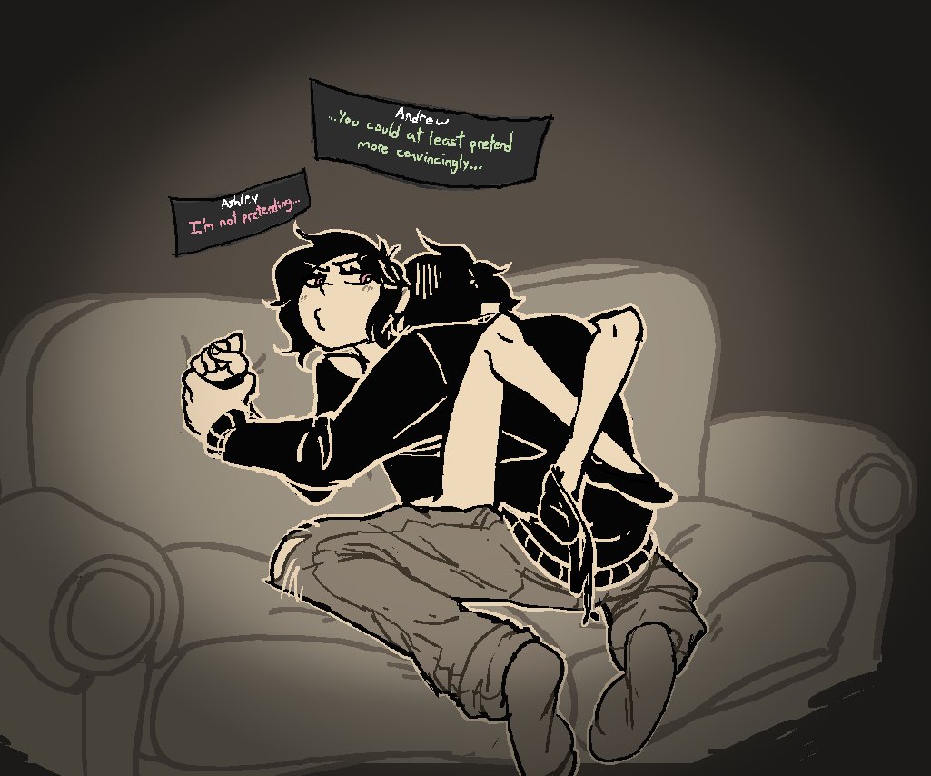1boy, 1girls, 2d, andrew graves, ashley graves, black hair, brother and sister, canon couple, clothed, couch, dialogue, dominant male, english text, female, foreplay, incest, kissing neck, legs, legs wrapped around partner, male, panties, panties around one leg, pink eyes, siblings, socks, straight, tcoeaa, the coffin of andy and leyley