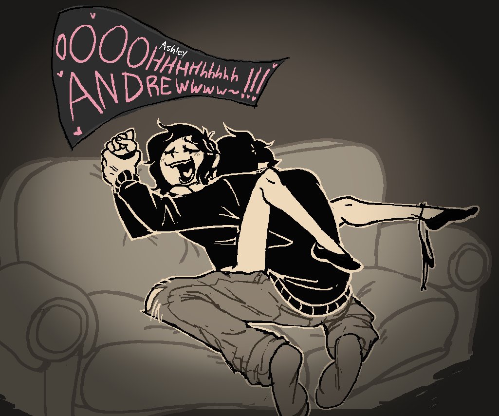 1boy, 1girls, 2d, andrew graves, ashley graves, black hair, blush, brother and sister, canon couple, closed eyes, clothed, couch, dialogue, dominant male, english text, female, foreplay, incest, kissing neck, legs, male, panties, panties around one leg, siblings, socks, straight, tcoeaa, the coffin of andy and leyley