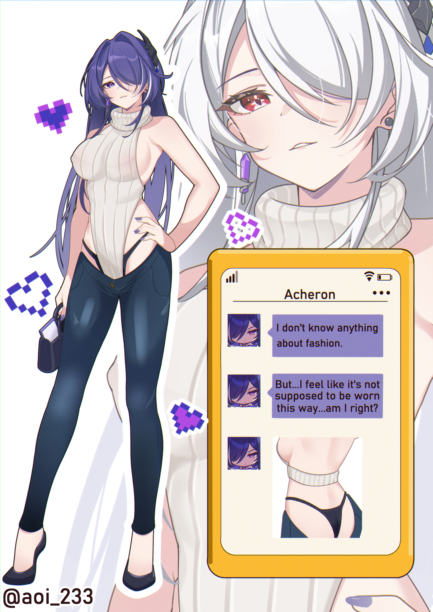 acheron (honkai: star rail), alternate costume, ass, bag, bare shoulders, bikini jeans, black bag, black footwear, black panties, black shoes, breasts, chat log, commentary, denim, earrings, english text, female, full body, hair ornament, hair over one eye, hand on own hip, high heels, highleg, highleg panties, highres, holding, holding bag, honkai (series), honkai: star rail, jeans, jewelry, large breasts, long hair, looking at viewer, lowleg, lowleg pants, median furrow, multicolored hair, nail polish, official alternate color, official art inset, panties, pants, parted lips, purple eyes, purple hair, purple nails, red eyes, ribbed sweater, shoes, sidelocks, smile, streaked hair, sweater, text messaging, turtleneck, twitter username, underwear, very long hair, virgin killer sweater, white hair, yoshitoki (kisshin), zoom layer