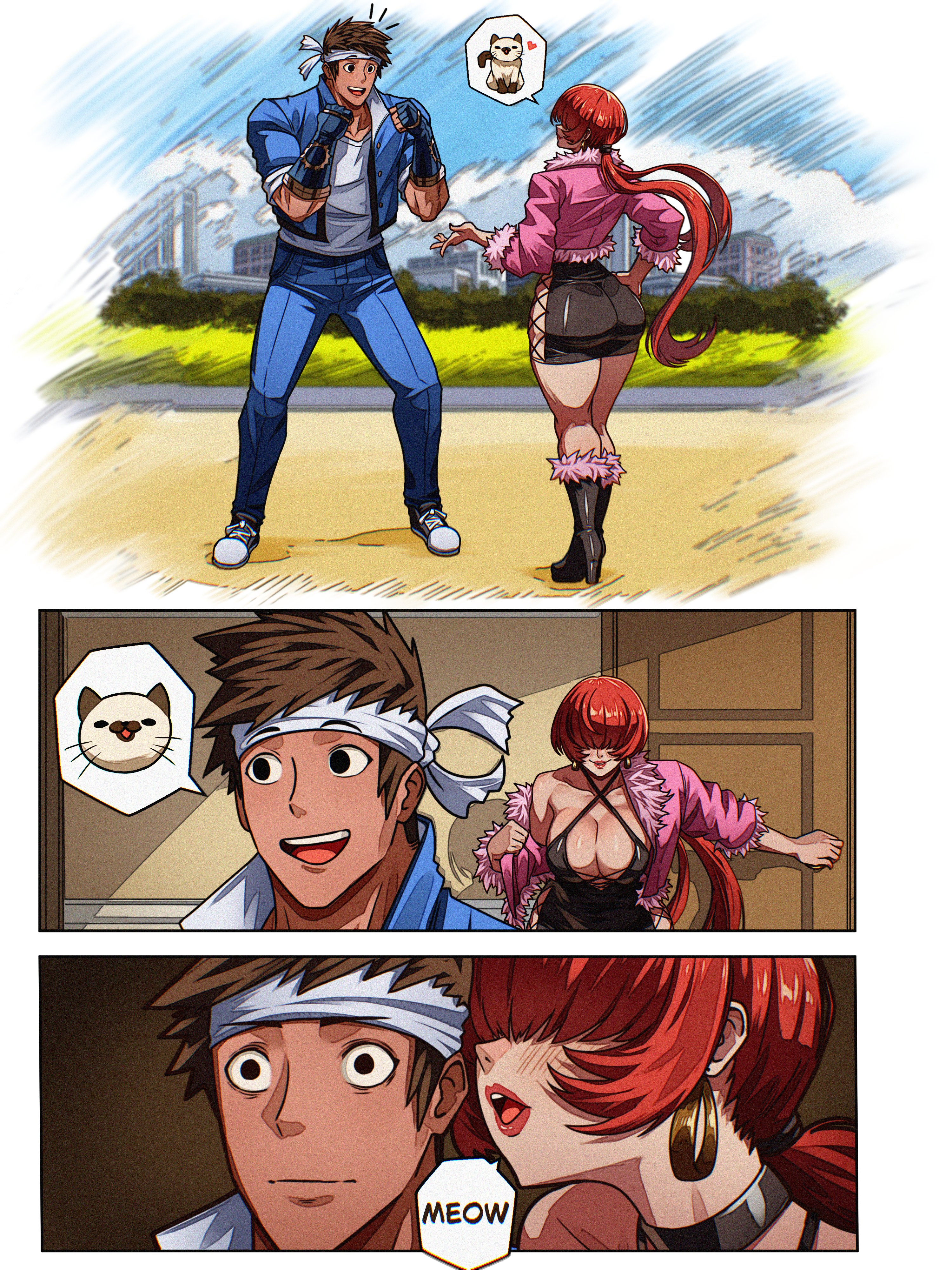 1boy, 1boy1girl, 1girls, 3koma, big breasts, blush, breasts, cleavage, comic, duo, hair over eyes, hoop earrings, king of fighters, kof, large breasts, low twintails, meme, naughty face, red hair, shermie (kof), shingo yabuki, snk, split ponytail, straight, the king of fighters, undressing, vlizz, where's the cat? (meme), whispering into ear, you gonna get raped