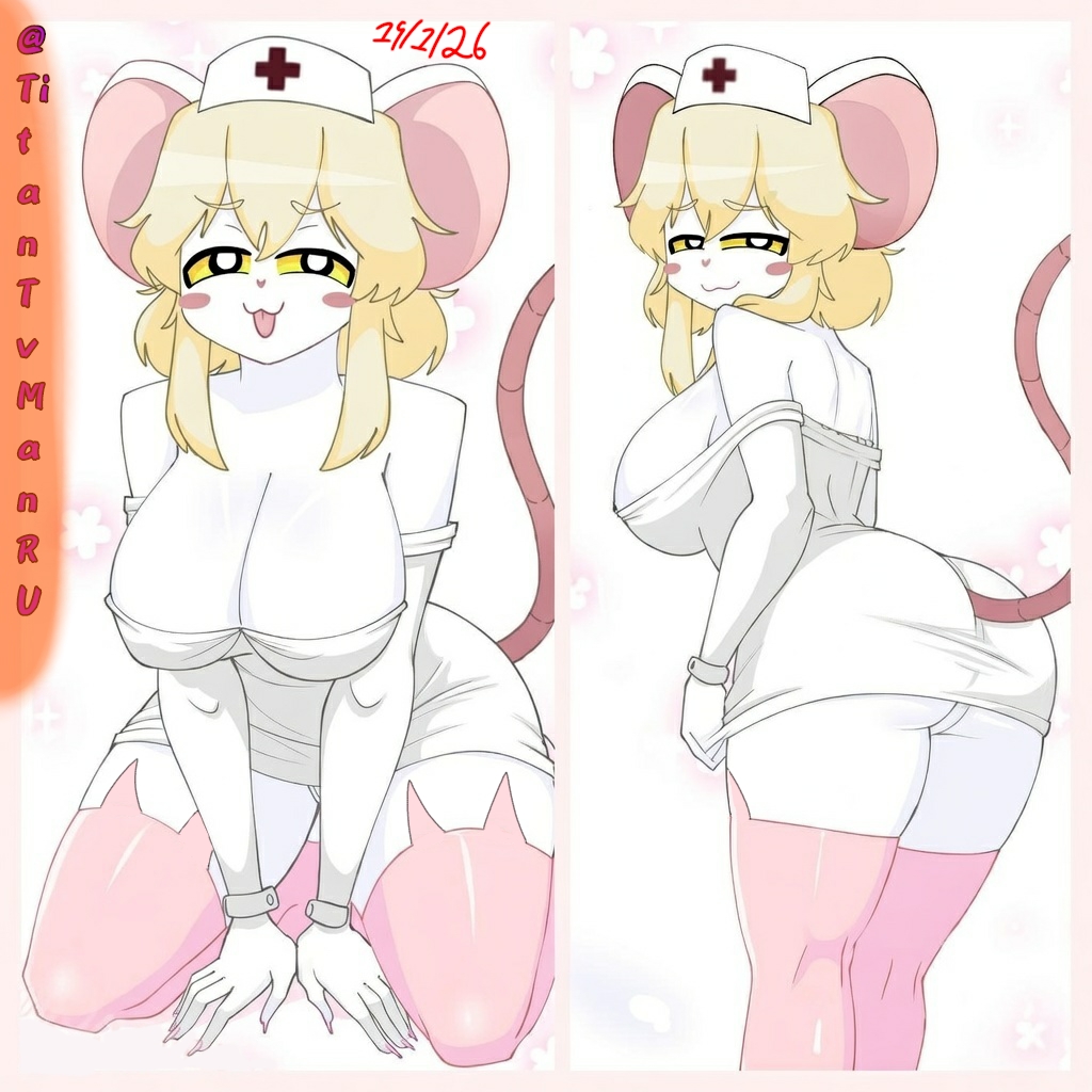2026, 2girls, ass focus, ass visible through thighs, big breasts, blushing female, breasts bigger than head, creator, doctor, eyes half open, feline, female only, inspired by, legs held open, legs together, lorna (terrible mouse), name tag, no ai, rat, rat ears, rat tail, semi nude, sexy body, sexy pose, shirt up, socks, solo female, tagme, tagme (artist), tagme (character), terrible mouse, titantvmanru