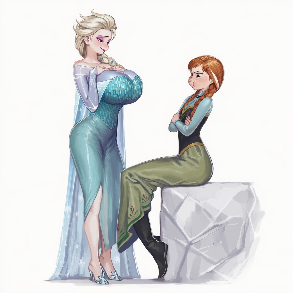anna (frozen), big breasts, breasts bigger than head, disney, elsa (frozen), frozen (film), jealous, large breasts, sitting, small breasts, standing