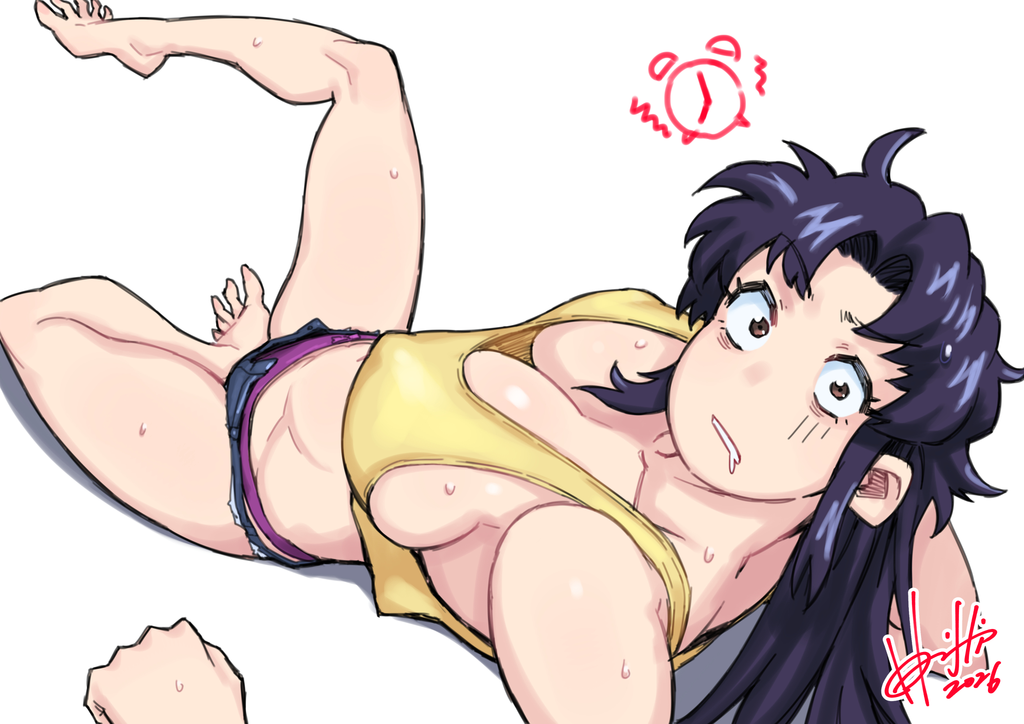 1girls, asian, asian female, big breasts, black hair, cleavage, drool, exposed cleavage, exposed panties, female, female focus, female only, hi res, high quality, high resolution, highres, hori shin (horishin1986), horishin1986, jean shorts, large breasts, light skin, light-skinned female, long hair, looking at viewer, misato katsuragi, neon genesis evangelion, nipple bulge, nipple outline, nipples, nipples visible through clothing, pale skin, pale-skinned female, panties, short shorts, shorts, solo, solo female, solo focus, tank top, top view