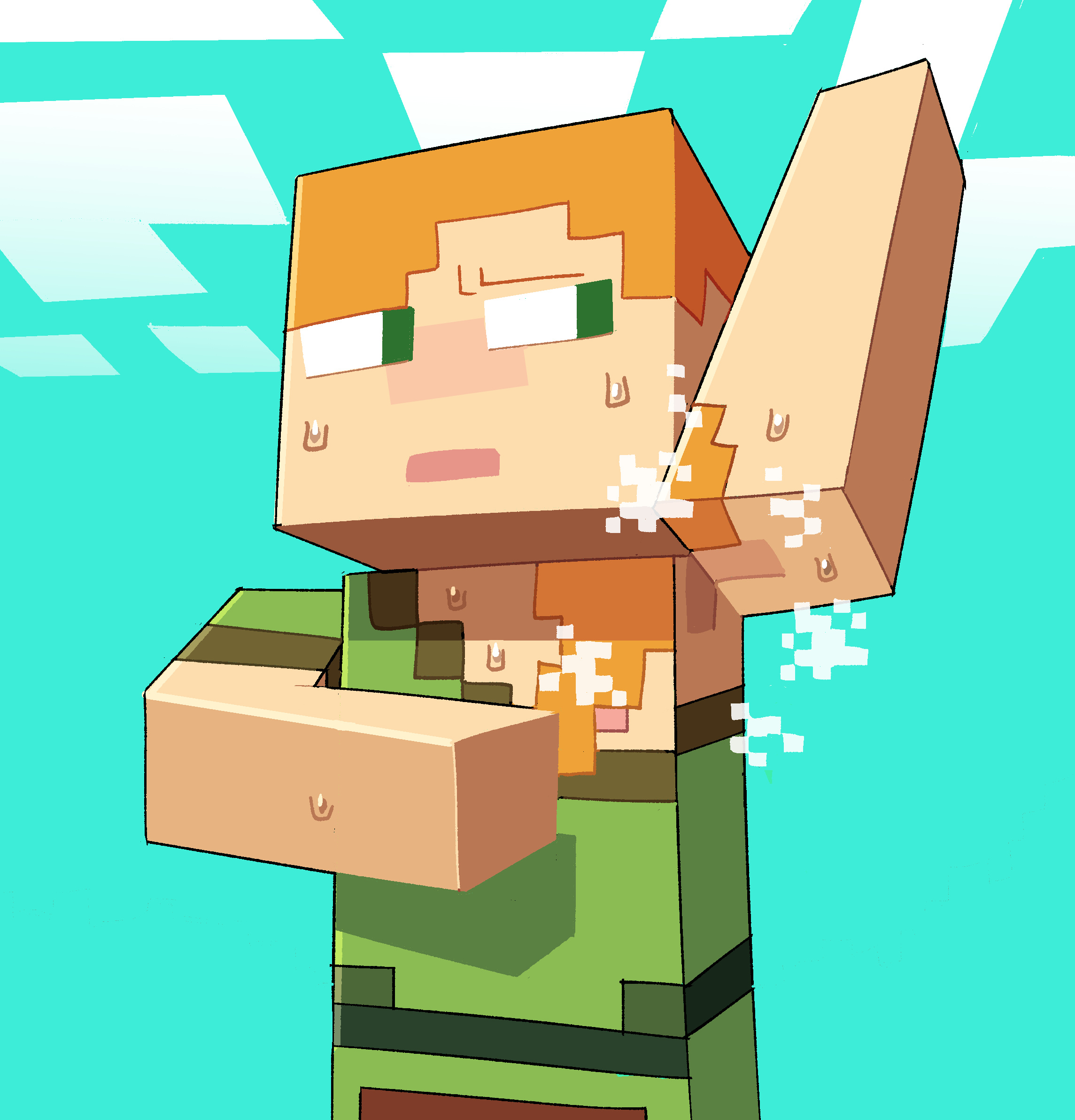 alex (minecraft), armpit fetish, armpits, embarrassing, green clothing, lilmoonie, minecraft, nipples, red hair, small breasts, square head, xbox