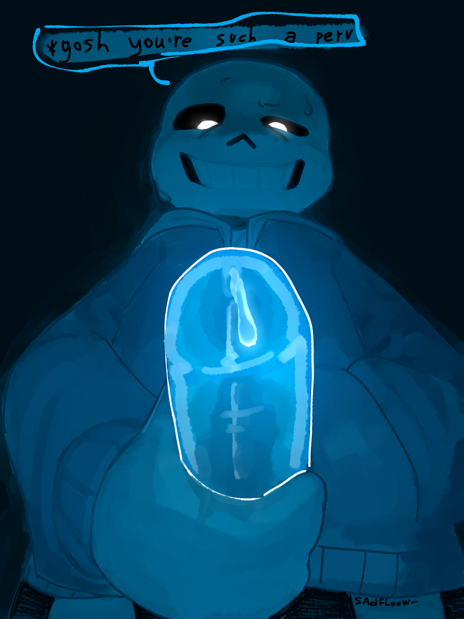 1boy, animated skeleton, anterior nasal aperture, blue penis, blue theme, bodily fluids, bone, dialogue, dialogue box, genital fluids, glowing eyes, glowing penis, grin, holding penis, humanoid, looking at viewer, male, male focus, male only, penis, penis focus, penis on face, pointing at viewer, precum, sadfloow, sans, skeleton, smile, sweat, teasing, teeth, undead, undertale, undertale (series)