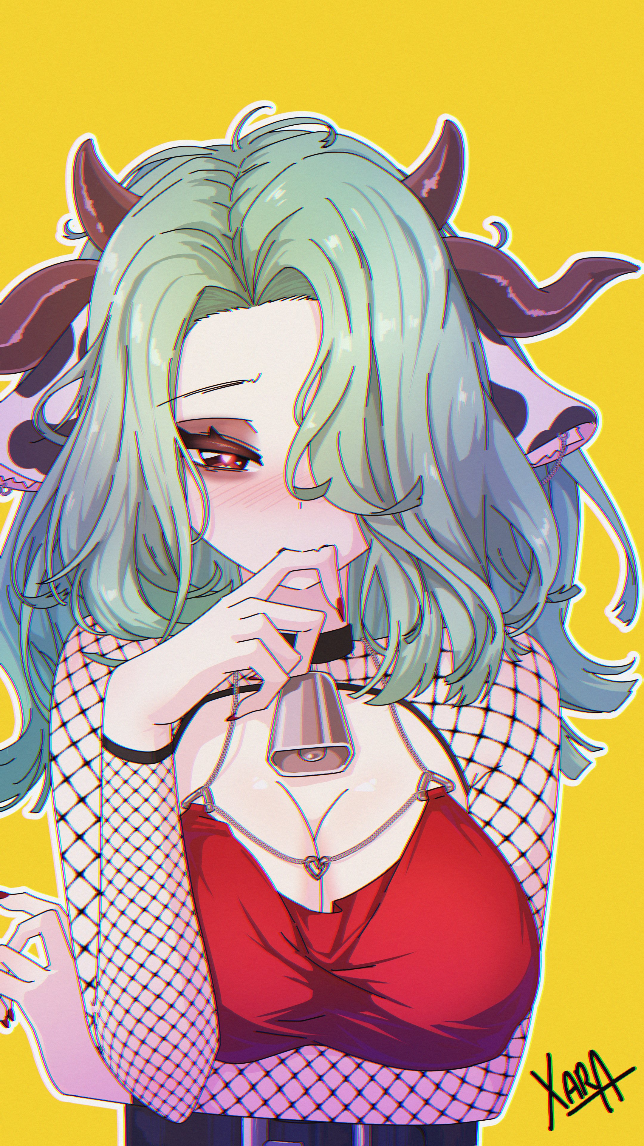 absurdres, animal ears, bell, belt, biting own finger, blush, breasts, cleavage, cow ears, cow girl, cow horns, cowbell, crelly, dress, female, fishnet top, fishnets, green hair, hair over eyes, heart, heart-shaped pupils, highres, horns, indie virtual youtuber, long hair, oerba yun fang, red dress, red eyes, red nails, skin fang, symbol-shaped pupils, virtual youtuber, vtuber, xarakura xara, yellow background
