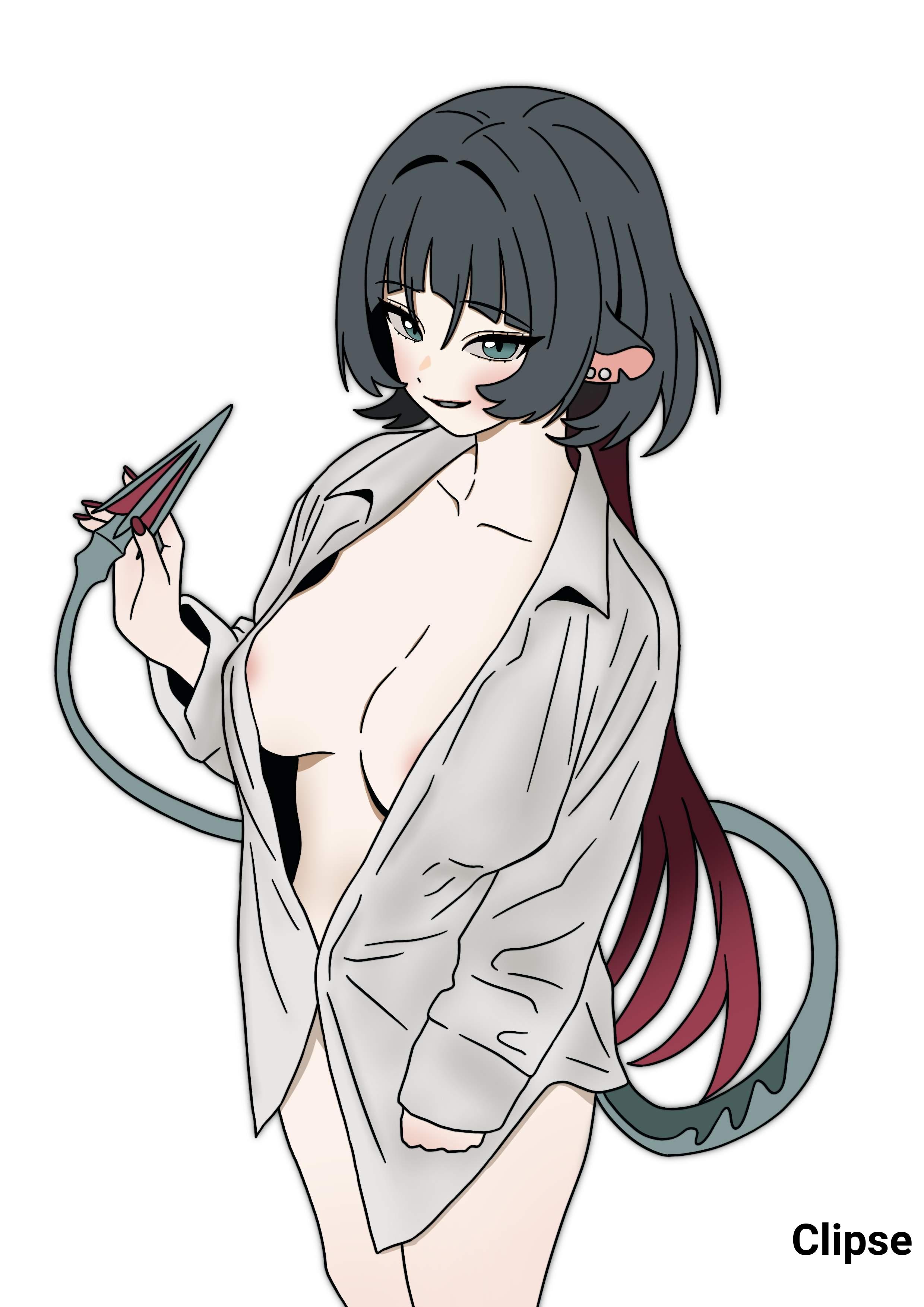 1girls, 2d, 2d (artwork), 2d artwork, adult, adult female, areola slip, areolae, areolae slip, big breasts, black fingernails, black hair, black nail polish, black nails, black-haired female, blunt bangs, breasts, busty, busty female, busty girl, cleavage, clipse, collarbone, digital, digital art, digital drawing, digital drawing (artwork), digital media, digital media (artwork), drawing, ear piercing, ear piercings, eyebrows visible through hair, female, female focus, female only, fingernails, fingers, gradient hair, high resolution, highres, jane doe (zenless zone zero), large boobs, large breasts, lean figure, legs closed, legs together, long hair, looking at viewer, mature, mature female, midriff, multicolored hair, nail polish, nails, naked shirt, narrow waist, open clothes, open clothing, open shirt, open topwear, parted lips, pierced ear, pierced ears, red hair, red-haired female, shirt, shoulders, sidelocks, simple background, slender body, slender waist, slim waist, smile, smiley face, smiling, smiling at viewer, solo, standing, tail, thick thighs, thighs, thighs together, unbuttoned, unbuttoned shirt, upper body, very long hair, very long hair female, white background, white shirt, white topwear, zenless zone zero