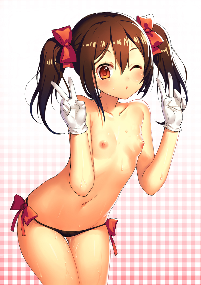 1girls black_panties blush bow brown_hair female gloves hairbow love_live! love_live!_school_idol_project nipples no_bra panties red_eyes small_breasts solo tied_hair tsliuyixin twintails underwear v yazawa_nico