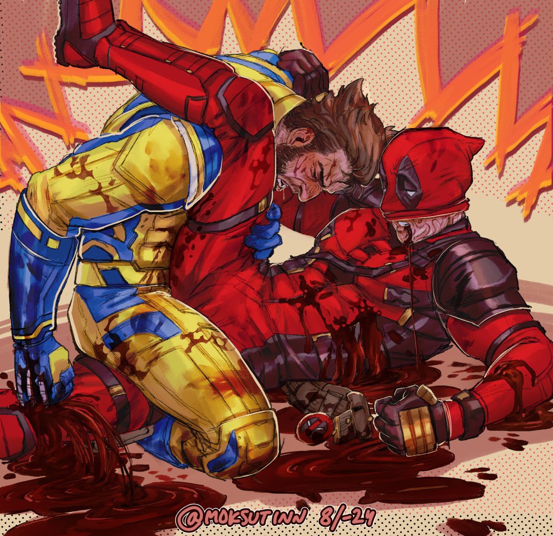 2boys bara blood blood_splatter blush claws deadpool deadpool_&_wolverine_(2024) gay gore guro imminent_sex leg_up logan_(x-men) male male/male male_only marvel marvel_comics masked_male moksutinn muscular_male open_mouth stab superhero_costume violence wade_wilson wolverine_(x-men) x-men yaoi