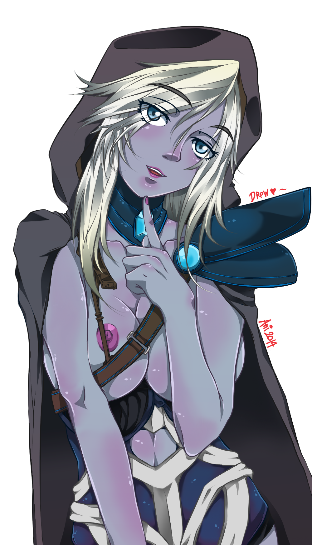 aanniimmaakkss armor blue_eyes blue_skin blush body_blush breasts breasts_out cape dota_2 drow_ranger female finger_to_chin head_tilt hood long_hair looking_at_viewer nipples parted_lips smile solo standing tall_image translucent_hair transparent_background white_hair