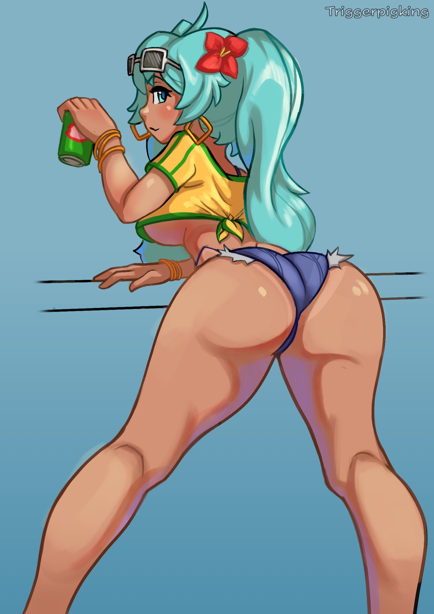 1girl, 1girls, aqua hair, ass, big ass, big breasts, big thighs, blue background, blue eyes, blush, bracelet, brazil, brazilian, brazilian female, brazilian miku, breasts, can, crop top, cutoffs, cyan eyes, cyan hair, dark skin, dark-skinned female, denim, denim shorts, earrings, eyewear on head, female, female only, flower, from behind, hair flower, hair ornament, hatsune miku, holding can, hoop earrings, huge ass, huge breasts, huge thighs, jewelry, kneepits, large breasts, latin american hatsune miku (meme), long hair, looking at viewer, looking back, micro shorts, shirt, short shorts, shorts, smile, solo, sunglasses, tagme, tan, tan body, tanlines, thick hips, thick thighs, thighs, thong, tied shirt, triggerpigart, twintails, underboob, vocaloid, yellow shirt