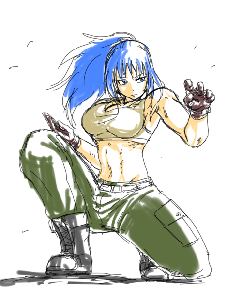 abs big_breasts big_breasts blue_eyes blue_hair boots female gloves king_of_fighters leona_heidern light-skinned_female light_skin long_hair military military_clothing military_uniform tank_top tied_hair wind yellow_tank_top