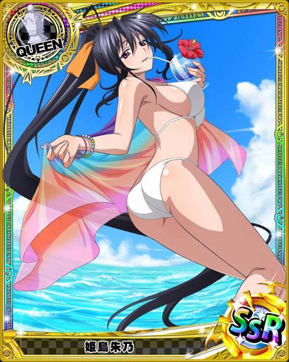 1girls, akeno himejima, animius, ass, big breasts, bikini, black hair, bracelet, breasts, day, drink, female, female only, hair ribbon, high school dxd, long hair, looking back, ocean, outside, ponytail, purple eyes, shiny skin, sideboob, sky, solo