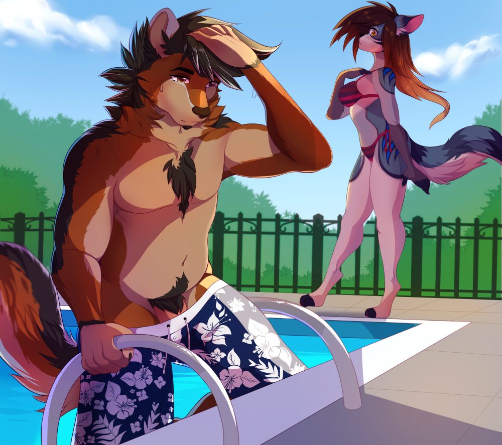 berruchan bikini brown_hair canine chest_tuft clothing digitigrade female hair male mammal penis pool_(disambiguation) pubes rusty_wollef swimshorts swimsuit teasing tuft wardrobe_malfunction wolf