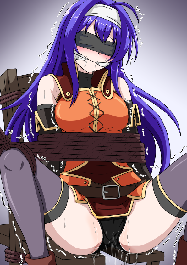 blindfold blush bondage bound fire_emblem fire_emblem:_path_of_radiance fire_emblem:_radiant_dawn gag hair_ornament imminent_sex long_hair medium_breasts mia_(fire_emblem) purple_hair pussy_juice thighhighs y_kotohira