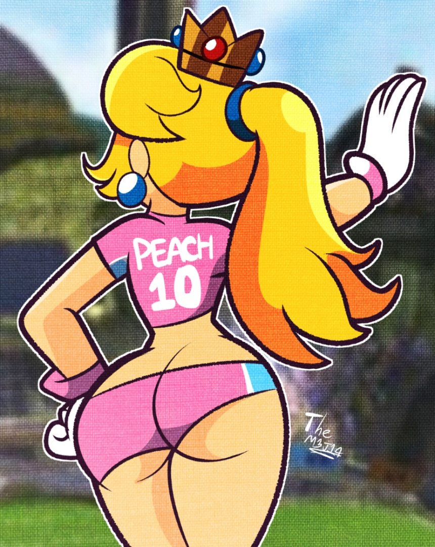 1female 1girls 2d 2d_(artwork) ass ass_focus breasts clothed clothed_female clothing crown diego_mejia ear_piercing female female_only gloves hair mario_(series) mario_strikers meme nintendo orange_shorts pink_shorts pose princess princess_peach screenshot_redraw shorts smile solo solo_female sports_shorts sports_uniform sportswear super_mario_bros. thighs