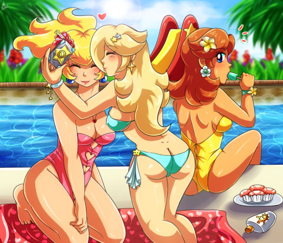 bikini female female_only human mario_(series) multiple_girls nintendo pineapplelicious princess_daisy princess_peach princess_rosalina super_mario_bros. swimming_pool swimsuit