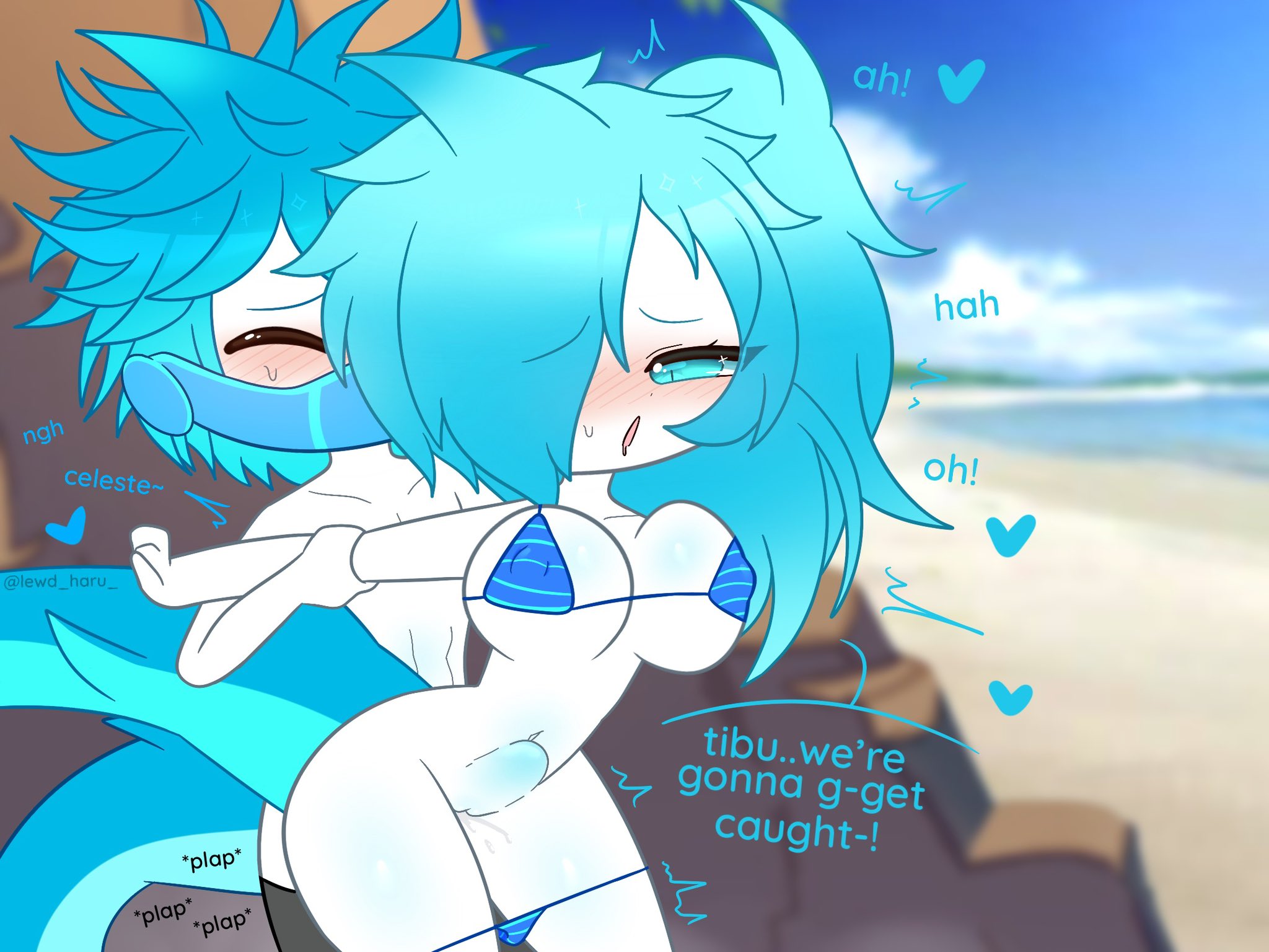 ass, beach, belly bulge, big ass, big breasts, blush, bra, breasts, female, gacha, lewd haru (artist), male, panties down, penetration, penile, penile penetration, penis, penis in pussy, pussy, sex, skimpy bikini, thick thighs, vagina, vaginal, vaginal penetration, vaginal sex, white skin