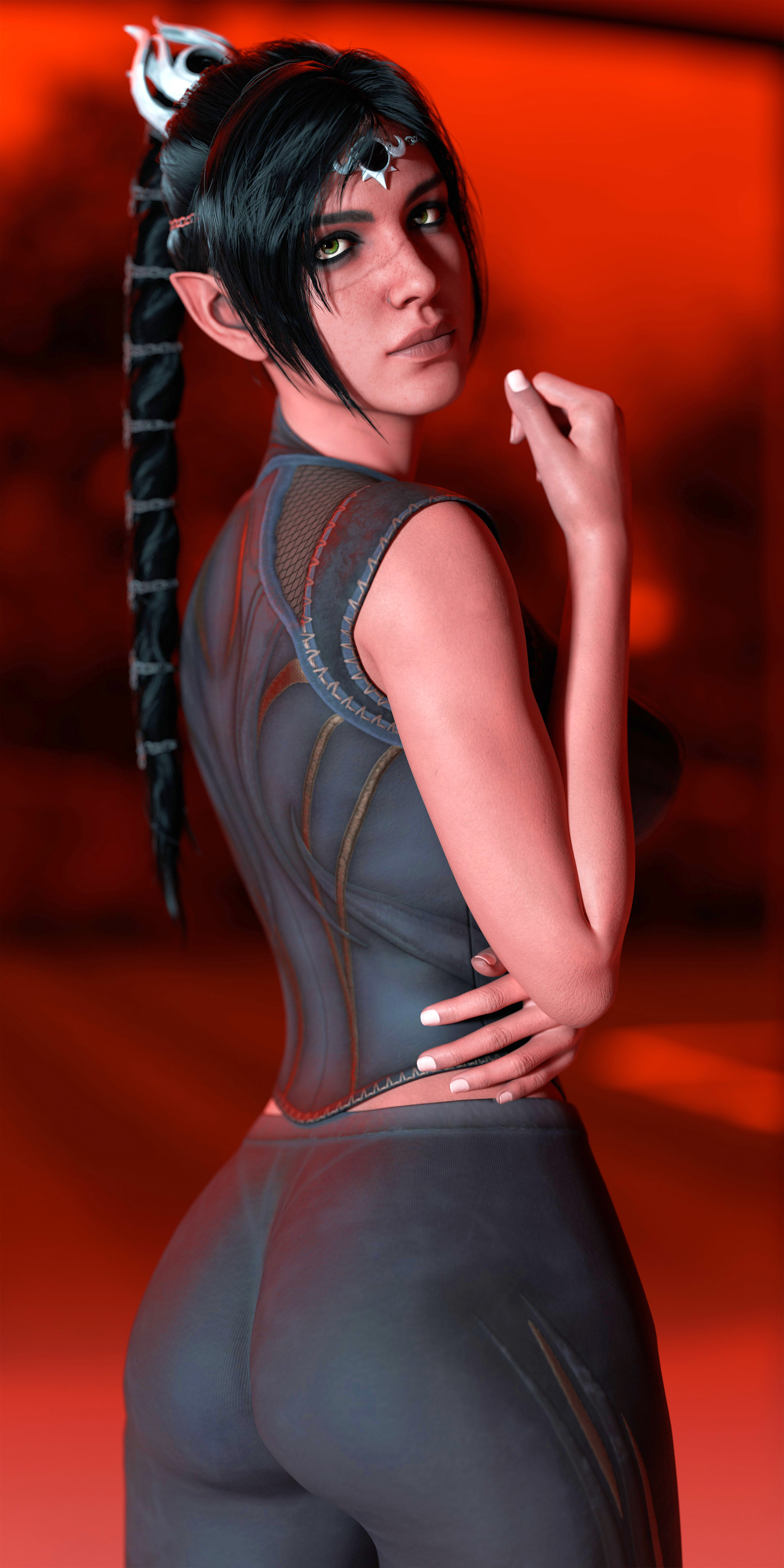 3d, baldur's gate 3, big breasts, black hair, black makeup, breasts, demon, demon girl, dungeons and dragons, female, gaming, goth girl, green eyes, huge breasts, irmrenders, portrait, pregnant, shadowheart, white body
