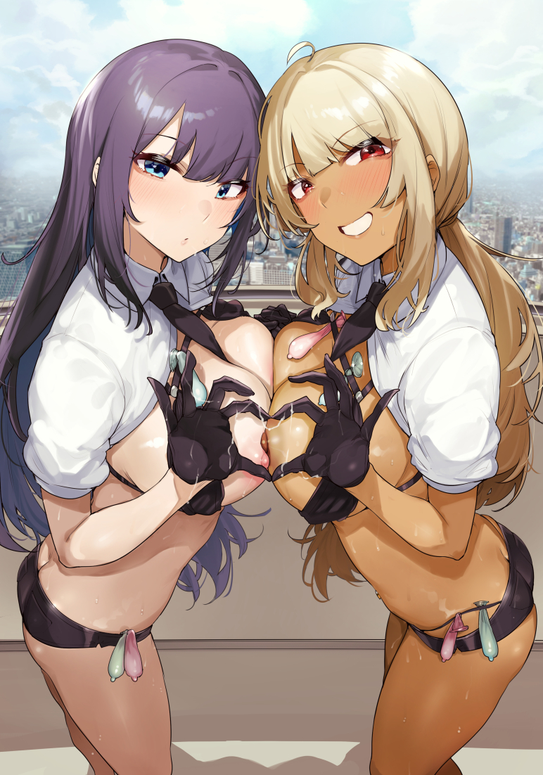 2girls ahoge between_breasts black_gloves black_necktie black_shorts blonde_hair blue_condom blue_eyes blush breast_press breasts chest_harness collared_shirt commentary_request condom_belt condoms cum_on_gloves from_side gloves green_condoms harness heart heart_hands heart_hands_duo holding_hands large_breasts leaning_forward light-skinned_female light_skin long_hair looking_at_viewer micro_shorts multiple_condoms multiple_girls necktie necktie_between_breasts nipples open_clothes open_shirt original outdoors panty_straps pink_condoms purple_hair red_eyes shirt short_sleeves shorts sidelocks smile standing sweat symmetrical_docking tan-skinned_female tan_skin used_condoms wakamesan white_shirt