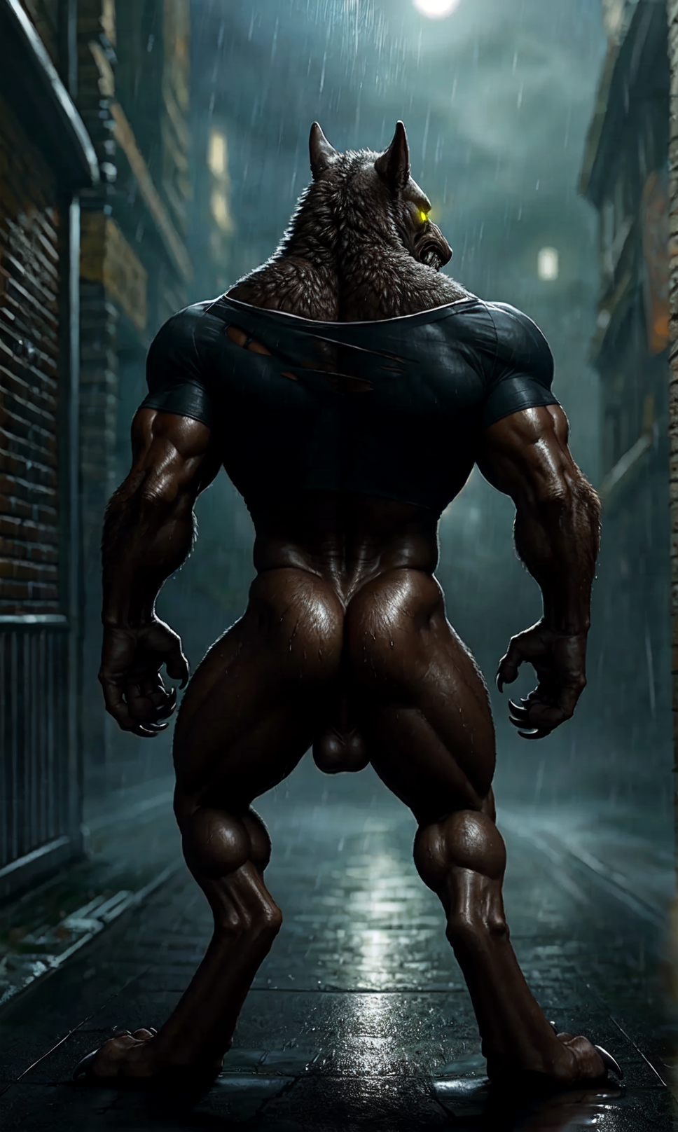 ai_generated canine city cityscape claws digitigrade knot looking_back looking_back_at_viewer male muscular_male realistic ripped_clothing snarling solo werewolf wolf