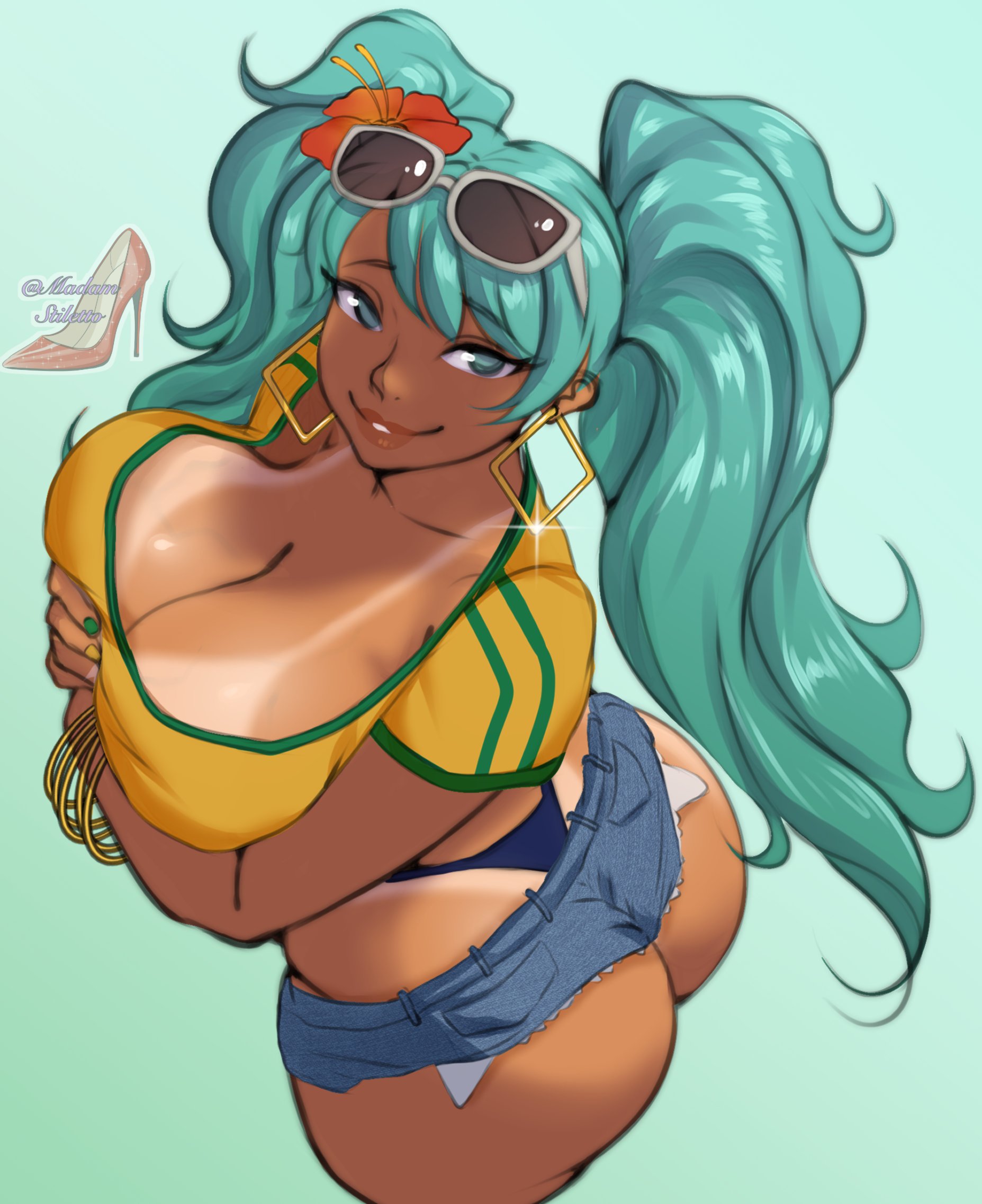 1girl, 1girls, 2d, aqua background, aqua eyes, aqua hair, aqua nails, ass, ass hanging out, ass hanging out of shorts, bangle, big breasts, bikini bottom, bikini tan, blue eyes, booty shorts, bracelet, brazil, brazilian, brazilian female, brazilian miku, breast hold, breasts, bubble ass, bubble butt, busty, cleavage, crop top, cutoffs, daisy dukes, dark skin, dark-skinned female, denim, denim shorts, earrings, eyewear on head, female, female focus, female only, flower, flower in hair, from above, hair flower, hair ornament, hatsune miku, high heels, hoop earrings, hourglass figure, huge breasts, jean shorts, jewelry, large breasts, lips, long hair, looking at viewer, madam stiletto, makeup, nail polish, short shorts, shorts, smile, solo, standing, sunglasses, sunglasses on head, t-shirt, tagme, tan, tan body, tan skin, tanline, tanlines, thong, thong bikini, turquoise hair, twintails, vocaloid, wide hips