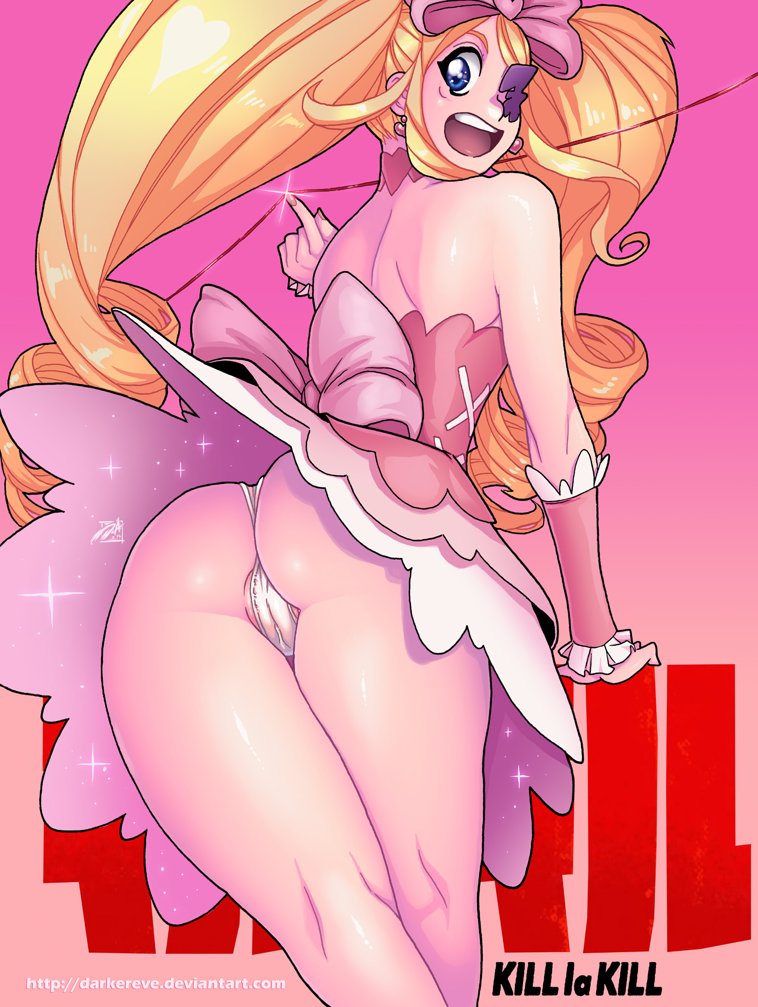 ass, blonde hair, blue eyes, darkereve, eye patch, female, hair ribbon, harime nui, kill la kill, open mouth, panties, ribbon, skirt lift, solo, surprised, tied hair, twintails, upskirt