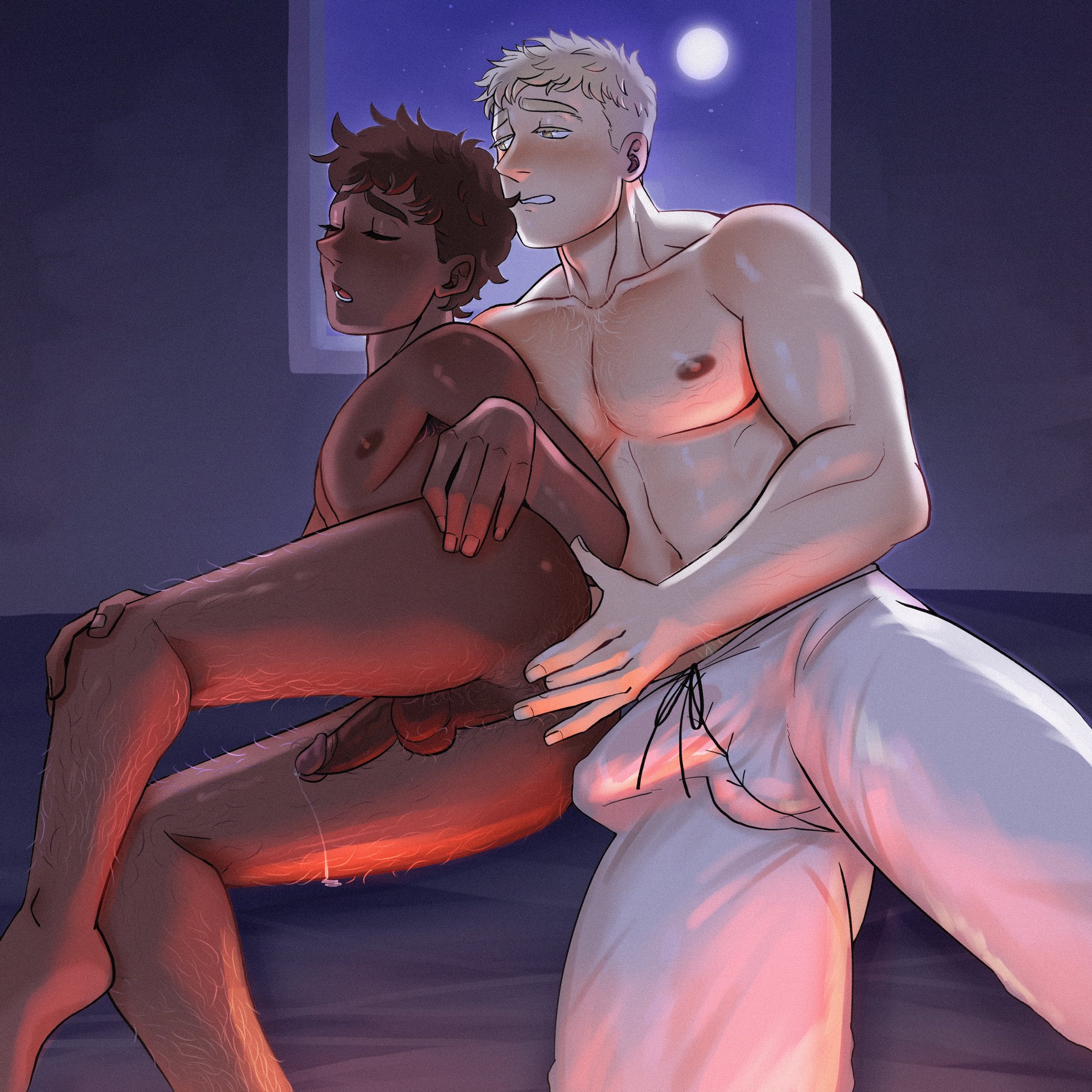 2boys, abs, balls, bara, biceps, big balls, big bulge, big penis, blonde hair, blush, bulge, dark skin, dark-skinned male, dungeon meshi, erection, erection under clothes, fingering ass, gay, kabru, laios touden, male, male nipples, male only, male/male, muscular, muscular male, nipples, nude, pecs, penis, penis outline, precum, precum drip, size difference, yaoi, zephdotpng