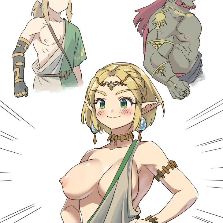 1girls artist_request blonde_hair breasts_out ganondorf ganondorf_(tears_of_the_kingdom) link nipple_slip nipples princess_zelda smile source_request tagme tears_of_the_kingdom the_legend_of_zelda