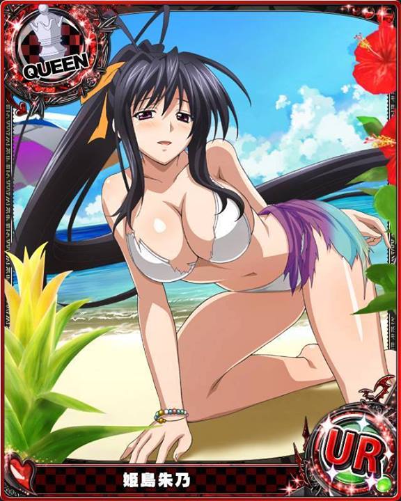 1girls, akeno himejima, animius, beach, big breasts, bikini, black hair, blush, bracelet, breasts, day, female, female only, hair ribbon, high school dxd, long hair, open mouth, outside, ponytail, purple eyes, shiny skin, sky, solo