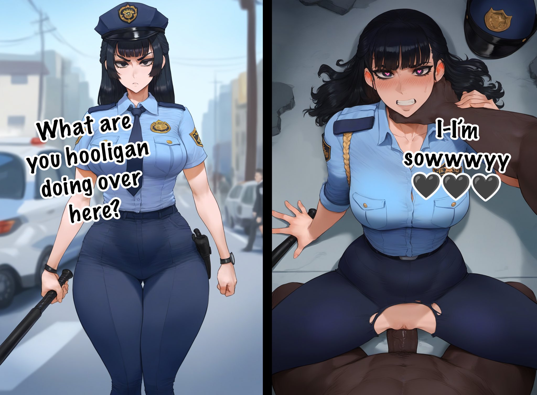 1boy, 1girls, ai generated, aipotions, big penis, choking, clothing, cop, dark skin, dark-skinned male, domination, domination loss, english text, female, heart-shaped pupils, instant loss, instant loss 2koma, interracial, looking at viewer, male, original, original character, penis, police, police uniform, policewoman, pov, pussy, text, vaginal penetration