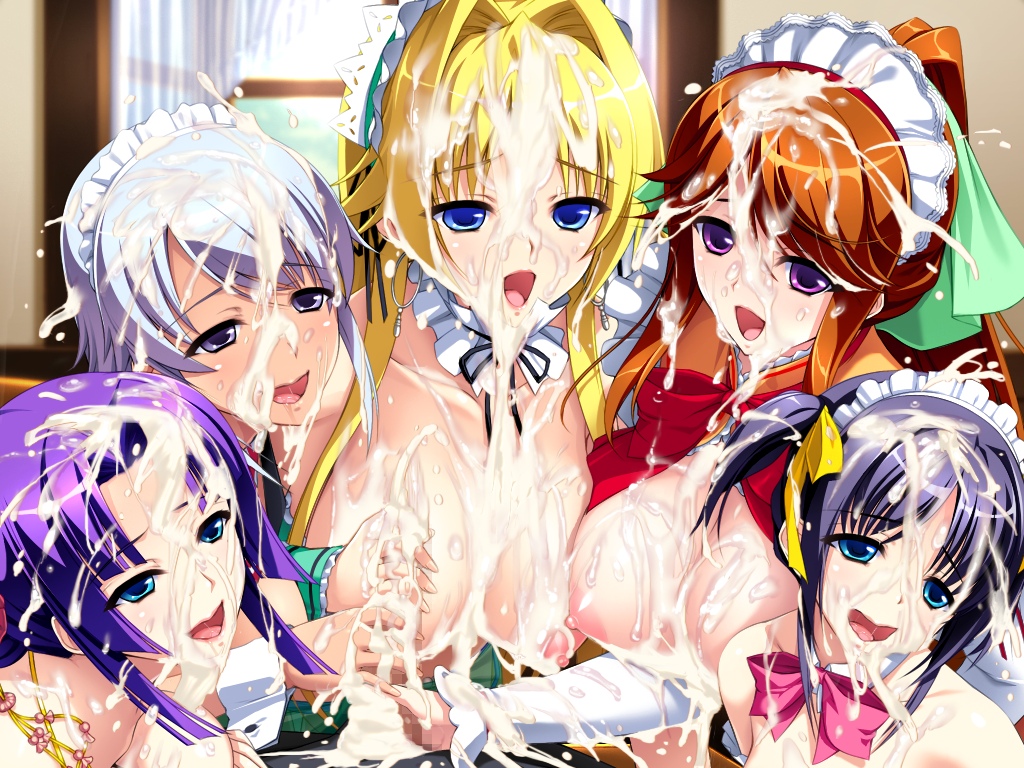 1boy 5girls ahe_gao berochu! black_hair blonde_hair blue_eyes blush bow breasts bukkake censored clothed_male collar cuffs cum cum_everywhere cum_on_breasts cum_on_face ejaculation elbow_gloves female game_cg grey_eyes hair_accessory hotel indoors large_breasts light_skin maid_headband makeup male masturbation multiple_girls nakano_sora nipples orange_hair pale_skin pigtails ponytail purple_eyes purple_hair red_hair ribbon silver_hair tan_skin teal_eyes tied_hair topless twintails white_eyes white_hair wristbands