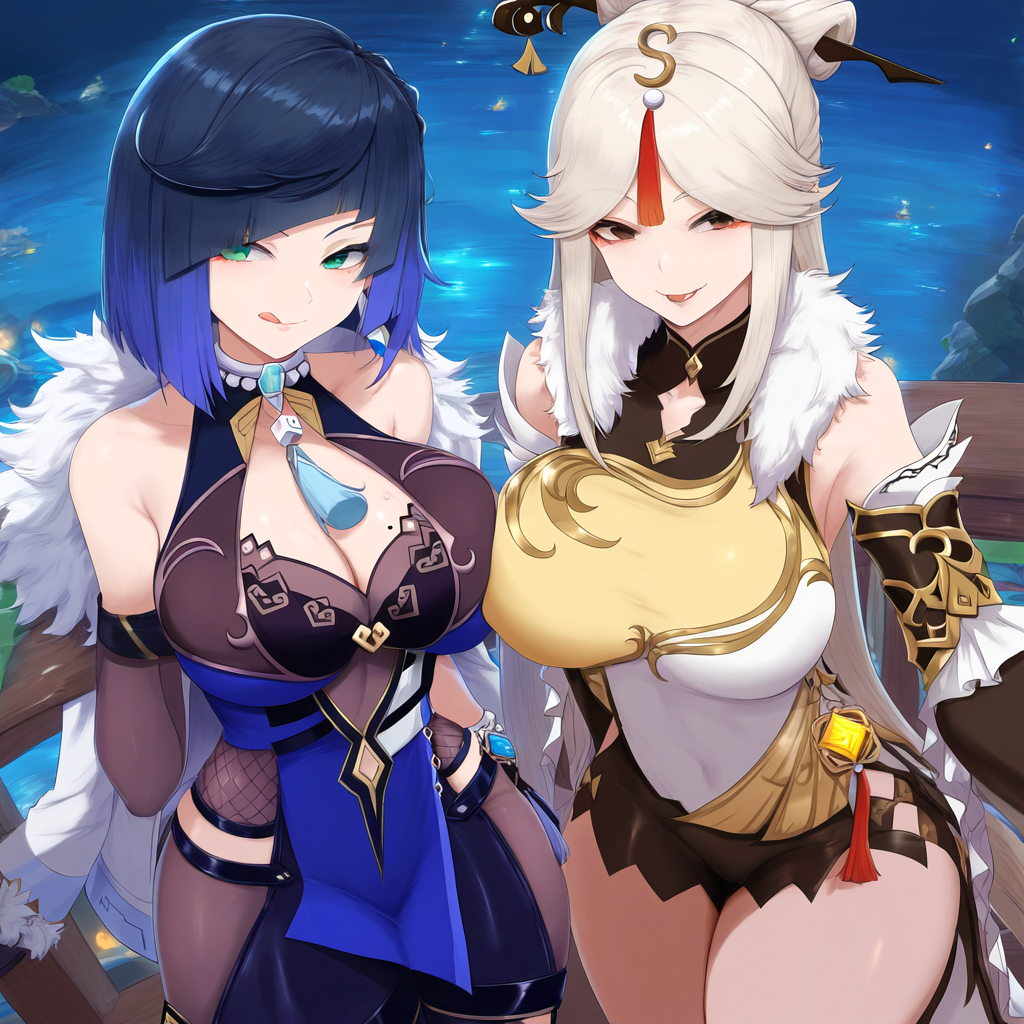 2girls ai_generated big_breasts cleavage elegant genshin_impact jaygoats licking_lips mature_female milfs ningguang_(genshin_impact) seductive seductive_look thick_thighs yelan_(genshin_impact)