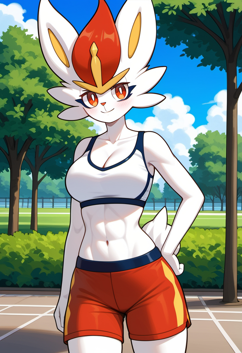 abs ai_generated anthro big_breasts breasts cinderace cleavage creatures_(company) female female_focus female_only furry game_freak gamefreak kemonogirls large_breasts muscular muscular_female nintendo orange_hair pokemon pokemon_(species) solo sports_bra sportswear white_fur