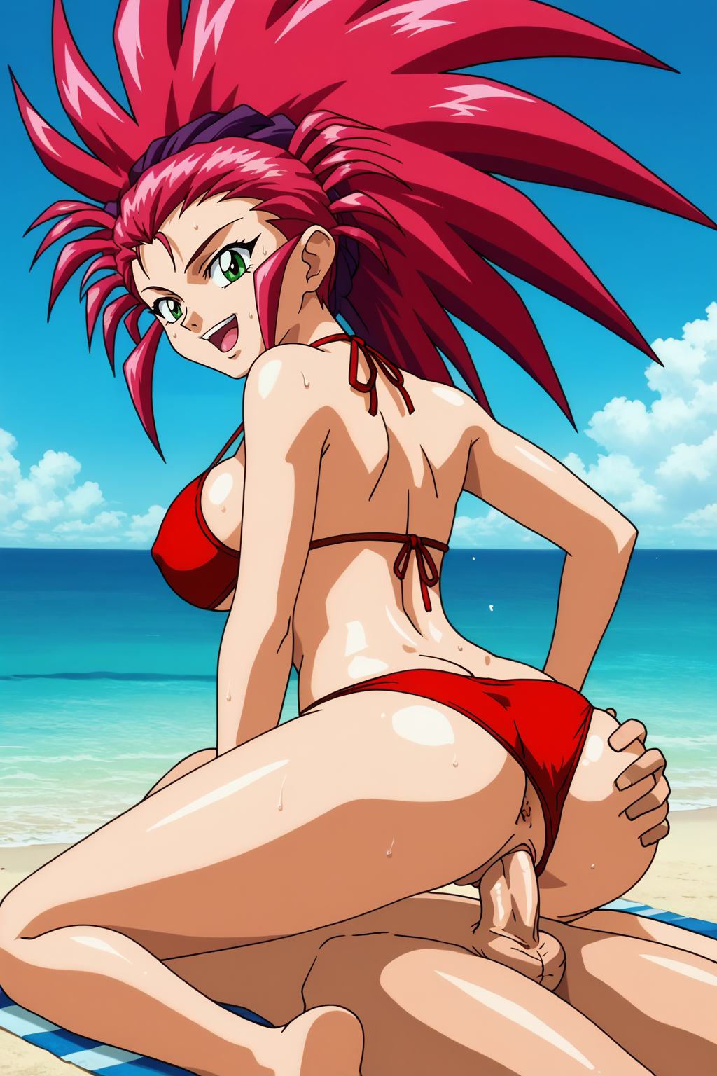 ai_generated anus ass_grab beach bikini green_eyes nyymiai red_hair spiky_hair tenchi_muyo! vaginal_penetration vaginal_penetration washu_hakubi