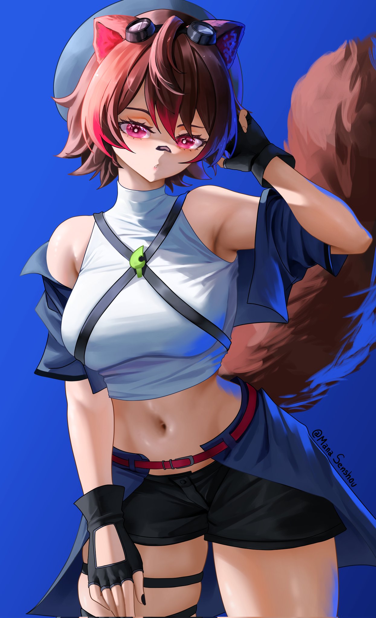 1girls animal_ears animal_tail big_breasts blue_eyes breasts brown_hair cap crop_top denim_jacket ecchi full_body gloves jacket kemonomimi latam_virtual_youtuber minishorts multicolored_hair raccoon_ears raccoon_tail rakkun red_hair short_hair solo_female virtual_youtuber vtuber vtuberfanart white_shirt yellow_background