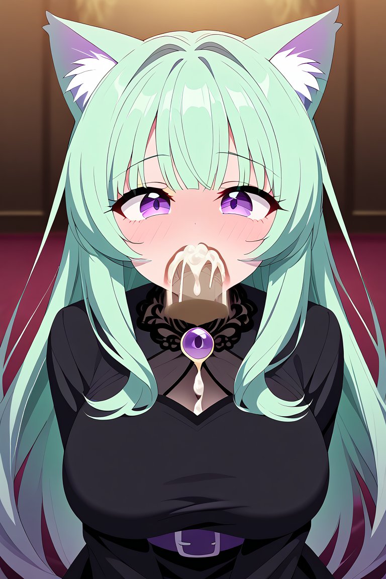 ai_generated blowjob cat_ears catgirl cum emerald_(flanofart) flanofart green_hair purple_eyes tagme