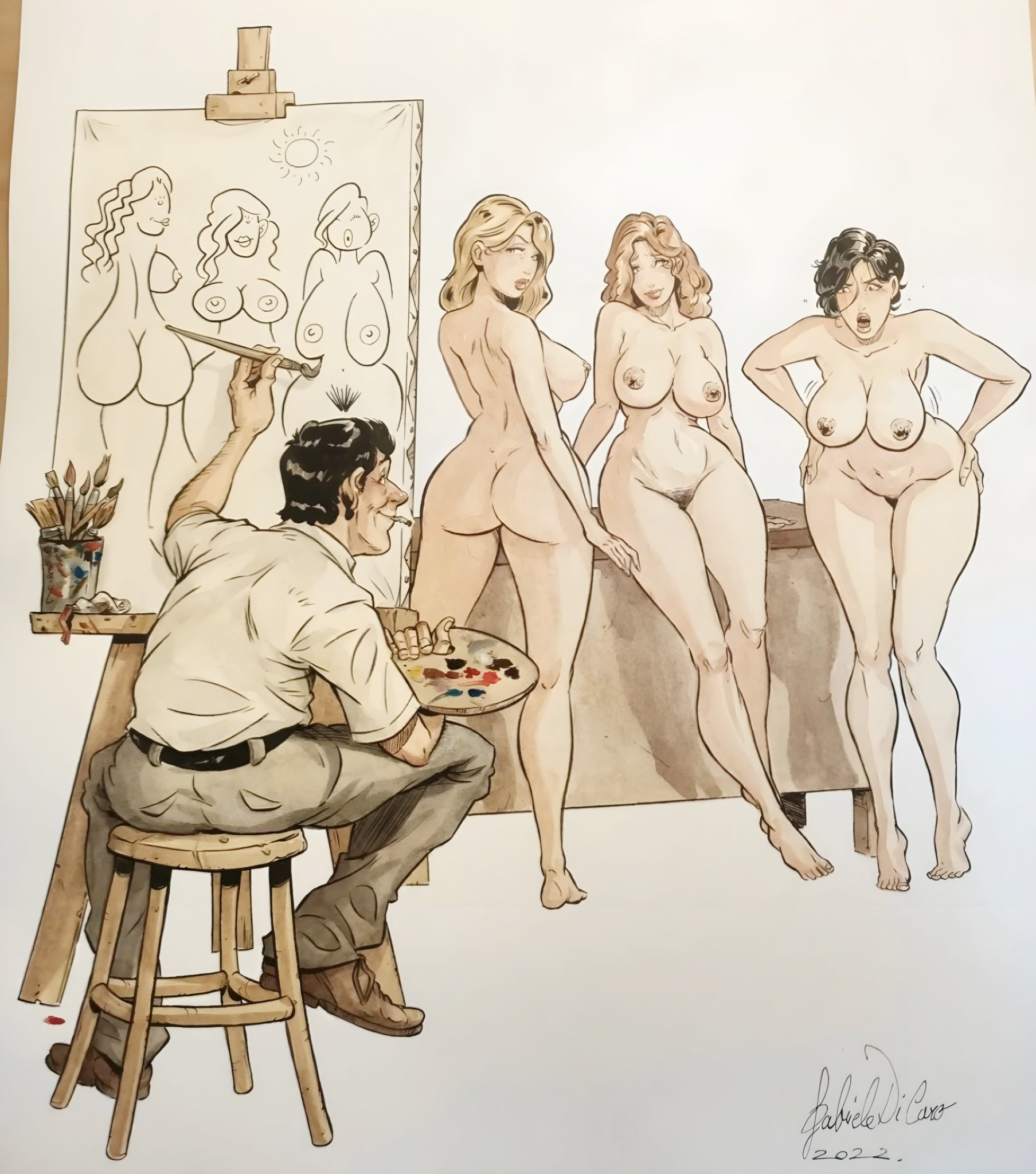 1boy, 3girls, artist name, ass, athletic, athletic female, big ass, big breasts, bottom heavy, breasts, busty, cleavage, curvaceous, curvy, curvy figure, digital drawing (artwork), eyebrows, eyelashes, eyes, female, fit, fit female, gabriele di caro, hair, hips, hourglass figure, huge ass, huge breasts, human, large ass, large breasts, legs, light skin, light-skinned female, lips, male, original, original character, round ass, round breasts, round butt, thick, thick legs, thick thighs, thighs, top heavy, top heavy breasts, upper body, voluptuous, voluptuous female, waist, wide hips