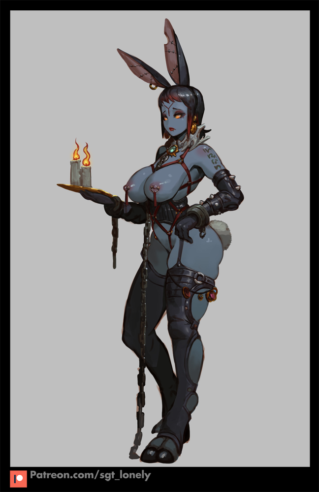 1girls alien alien_girl alien_humanoid blue_skin bunnysuit chained chains female female_only hooves large_breasts nipples red_eyes sgt_lonely solo solo_female tagme tau warhammer_(franchise) warhammer_40k