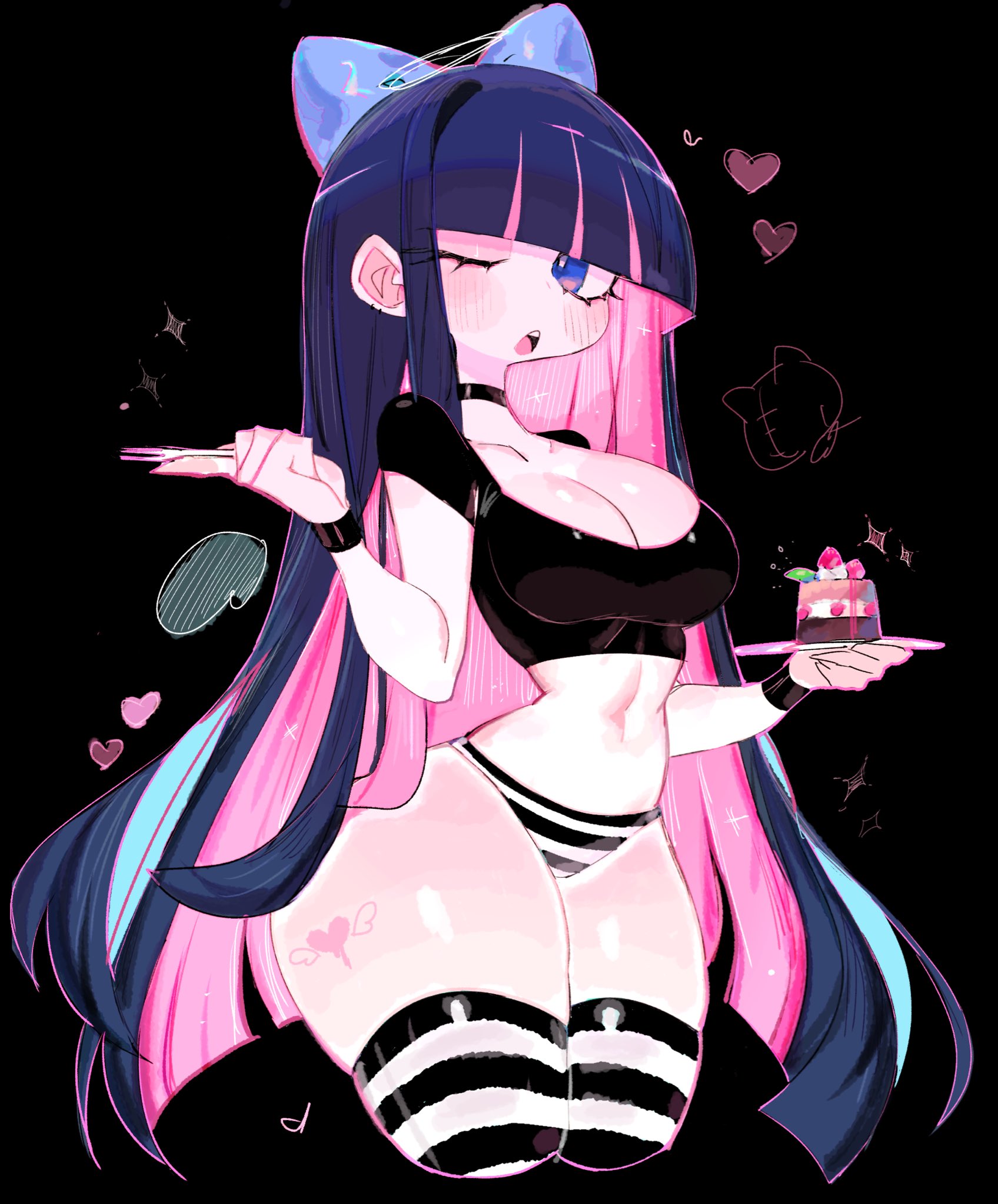 accessory, ass, big ass, black, bow, breasts, bubble ass, bubble butt, cake, cleavage, female, female only, food, hair, heart, hearts, panties, panty & stocking with garterbelt, stocking anarchy, striped thighhighs, thick thighs, thigh highs, thighhighs, thighs, usa37107692