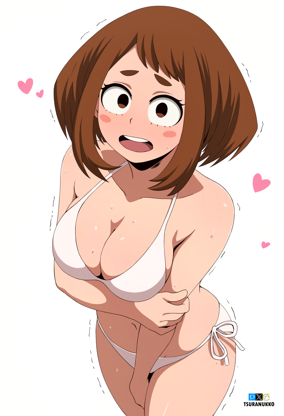 1girls ass big_ass big_breasts bikini blush breasts brown_eyes brown_hair embarrassed female female_focus female_only heart looking_at_viewer my_hero_academia navel ochako_uraraka open_mouth solo solo_female solo_focus sweat swimsuit thick_thighs trembling tsuranukko