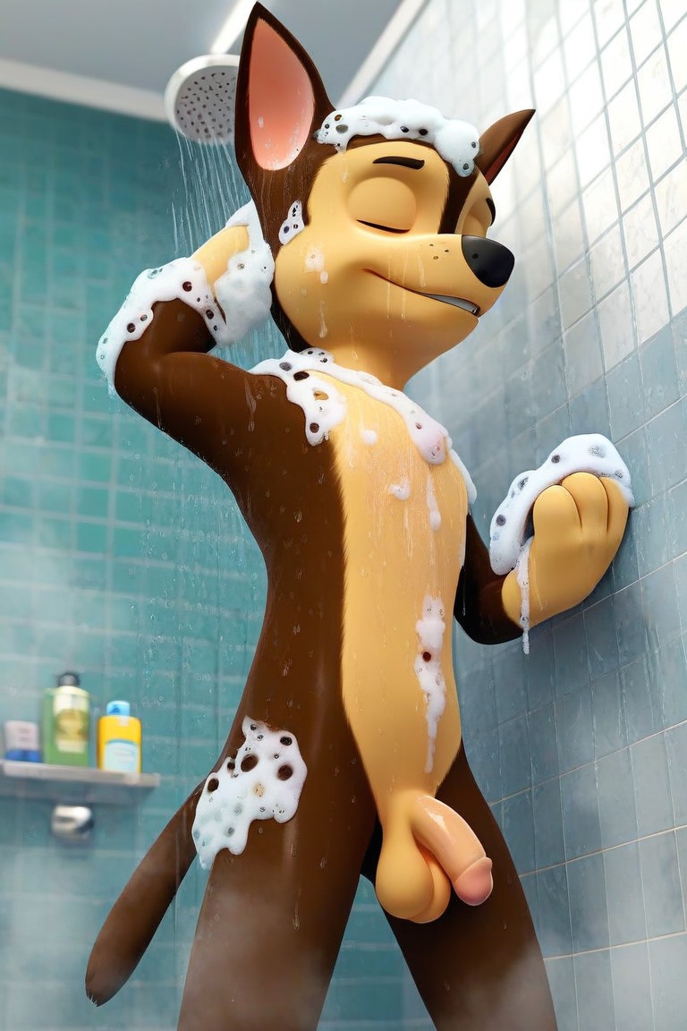 ai_generated bathroom chase_(paw_patrol) furry luxeraora10 male_only paw_patrol showering,